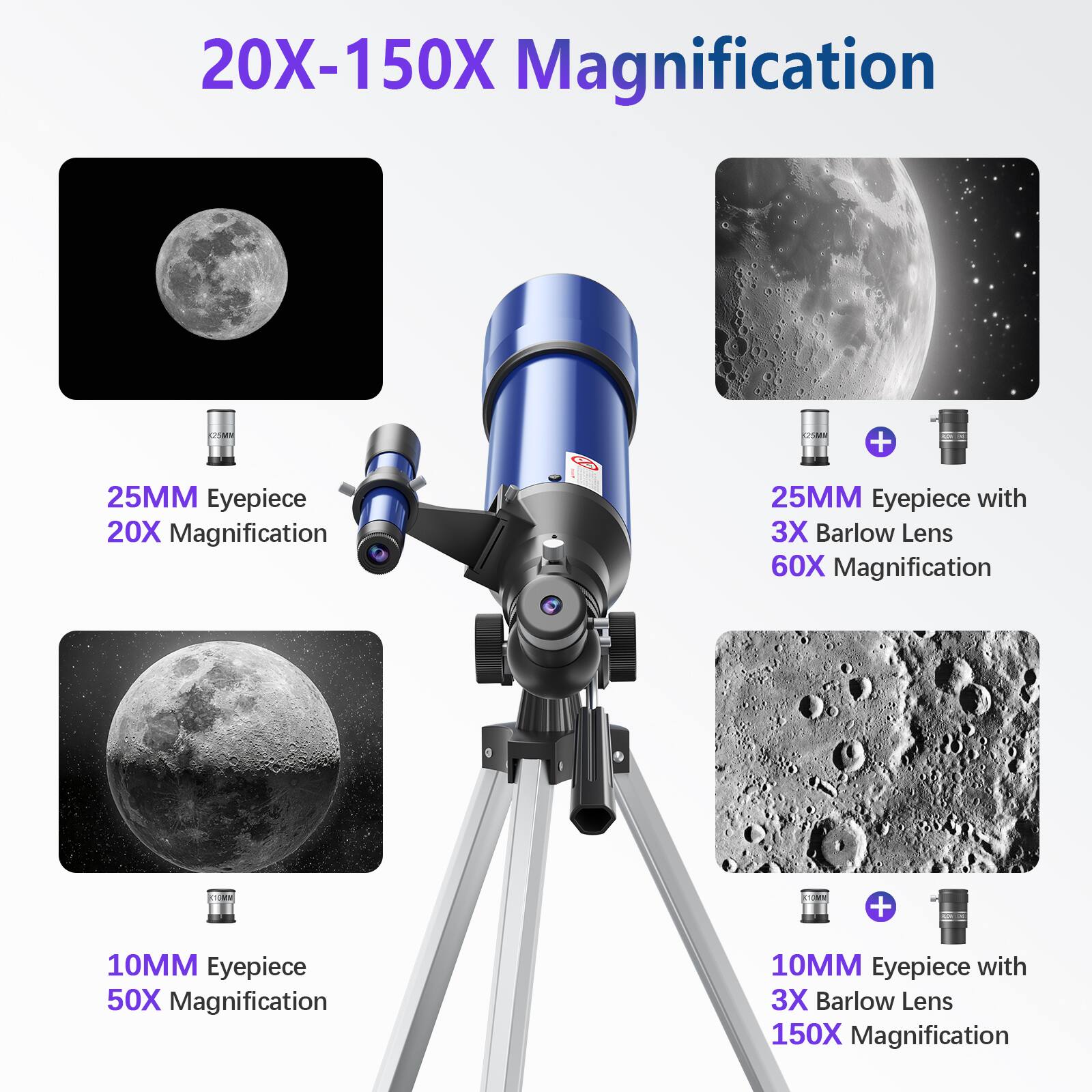 20X-150X Magnification

25MM Eyepiece  
20X Magnification

25MM Eyepiece with 3X Barlow Lens  
60X Magnification

10MM Eyepiece  
50X Magnification

10MM Eyepiece with 3X Barlow Lens  
150X Magnification
