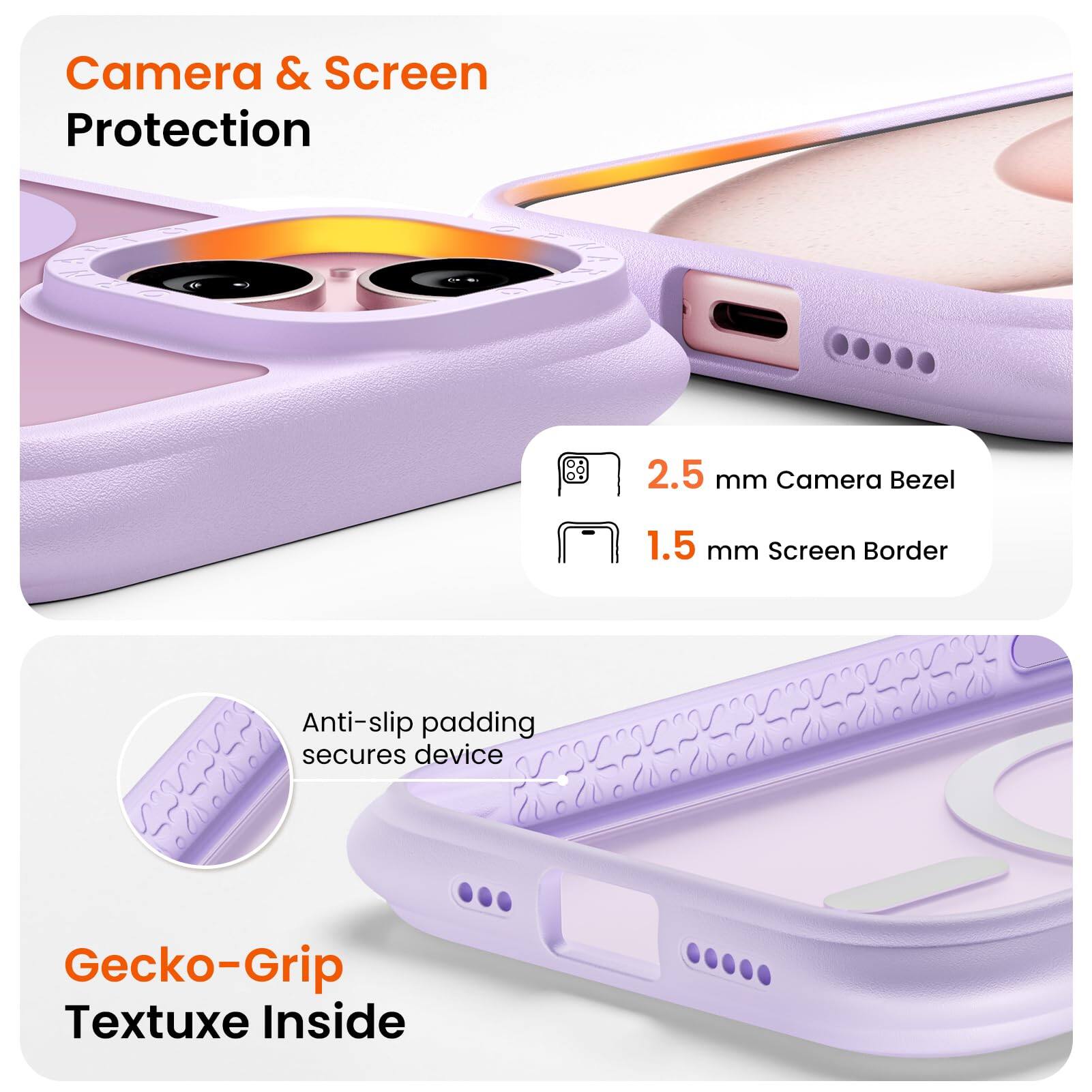 Camera & Screen Protection  
2.5 mm Camera Bezel  
1.5 mm Screen Border  
Anti-slip padding secures device  
Gecko-Grip Textuxe Inside