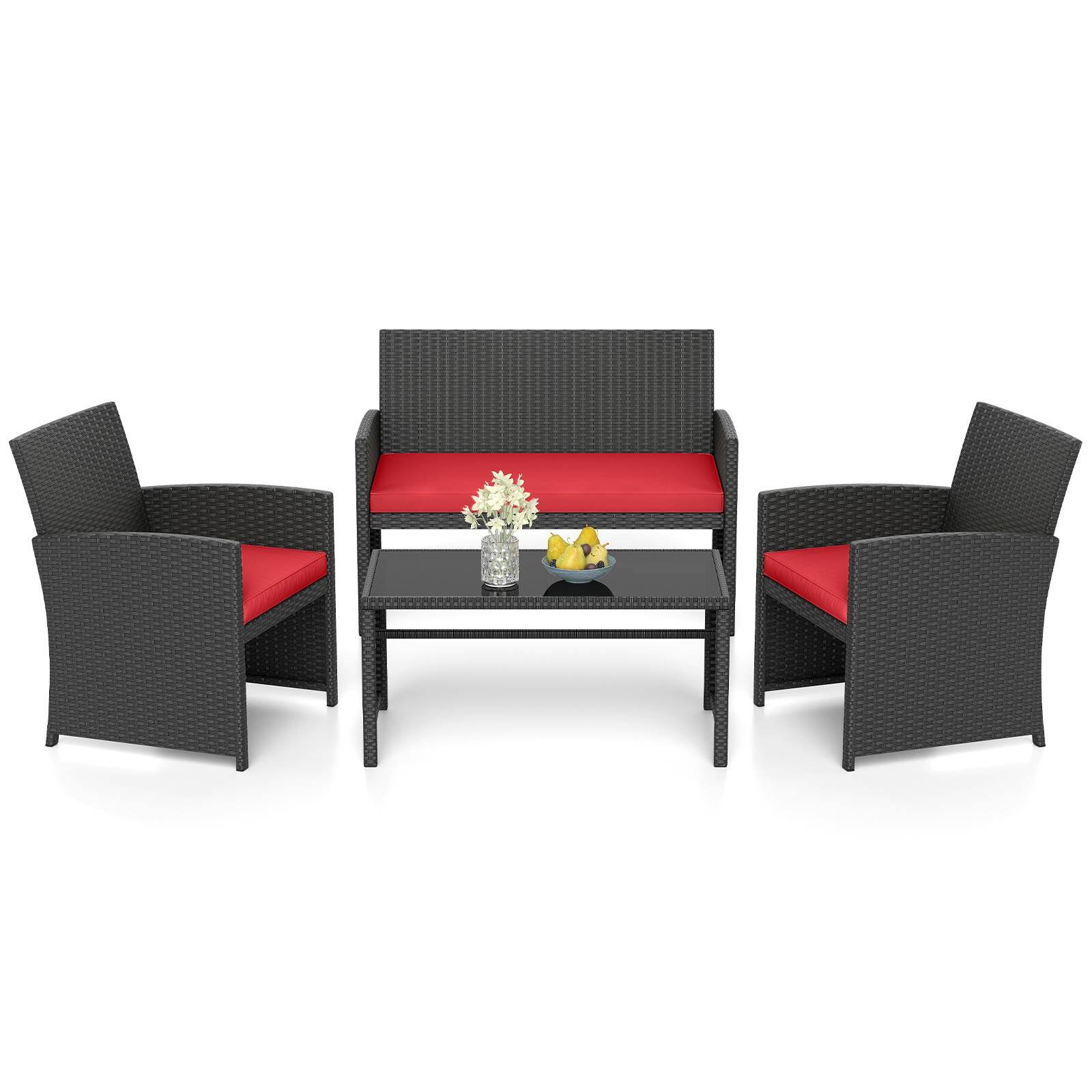 Alt View 9. Gymax - Gymax Set of 4 Patio Conversation Set w/Seat Cushions & Tempered Glass Tabletop Porch Outdoor - Red.