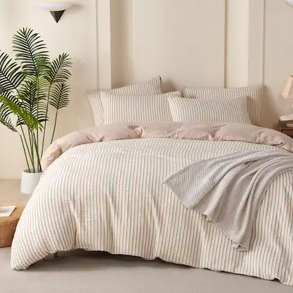 Front. Cedar Assembly - Comforter Queen Set Striped Soft Luxury Washed Microfiber Jacquard 3 Pieces Bedding Vertical Ticking Stripes - Beige Striped-Queen.