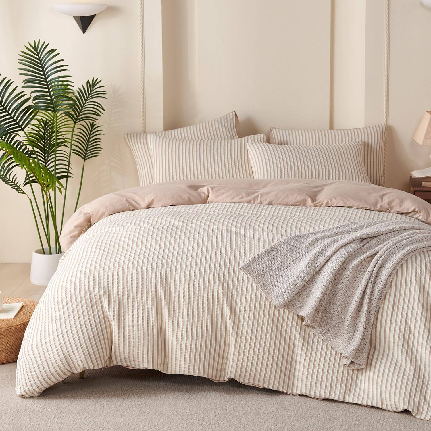Front. Cedar Assembly - Comforter Queen Set Striped Soft Luxury Washed Microfiber Jacquard 3 Pieces Bedding Vertical Ticking Stripes - Beige Striped-Queen.
