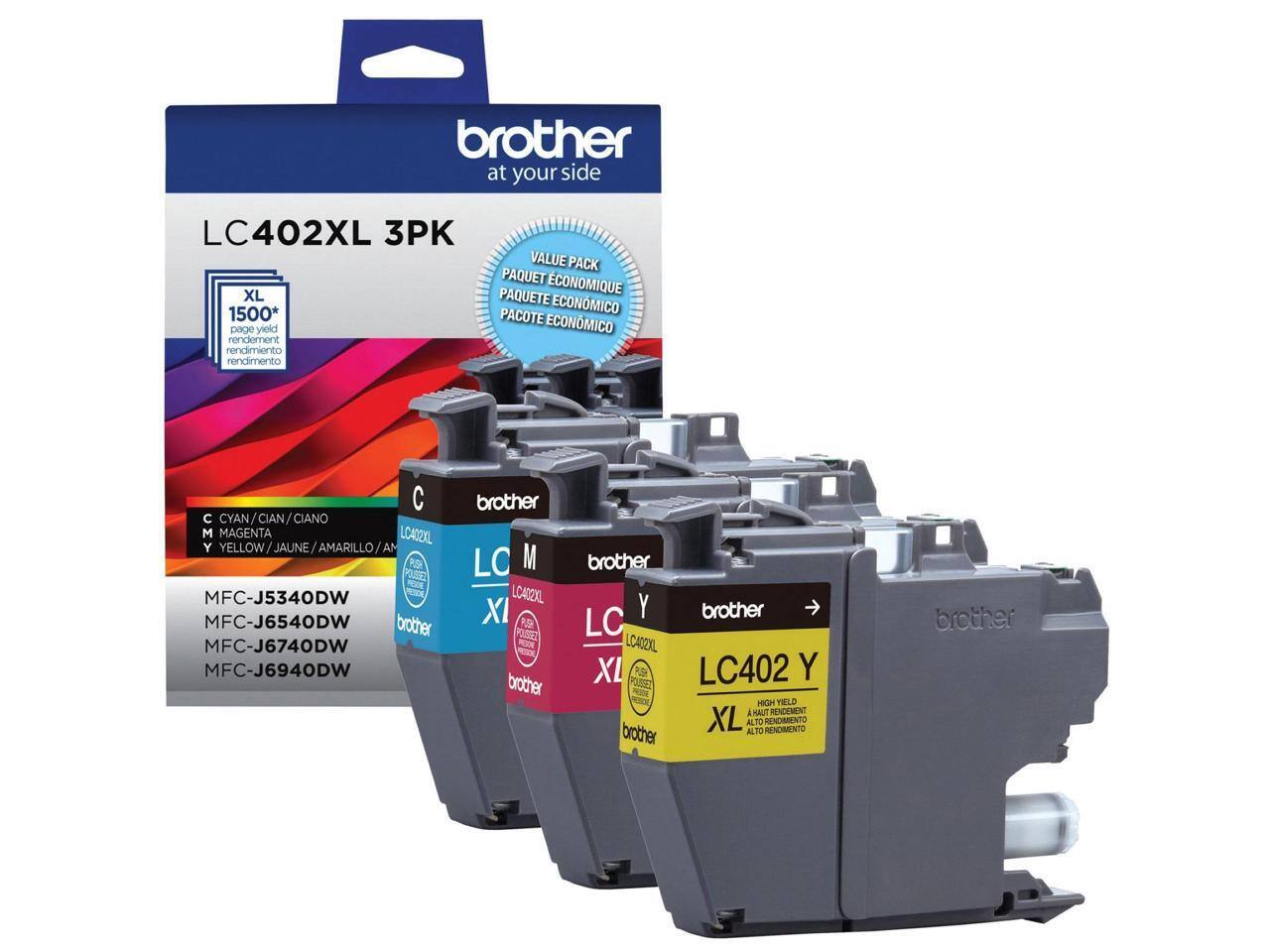 brother at your side LC402XL 3PK XL 1500* page yield rendement rendimiento rendimento VALUE PACK PAQUET ECONOMIQUE PAQUETE ECONOMICO PACOTE ECONOMICO CYAN/CIAN/CIANO CYAN / CIAN CIANO MAGENTA LCAOOXL Y YELLOW / JAUNE / AMARILLO / AMARELO MFC-J5340DW MFC-J6540DW brother MFC-J6740DW MFC-J6940DW brother LC402XL 3PK