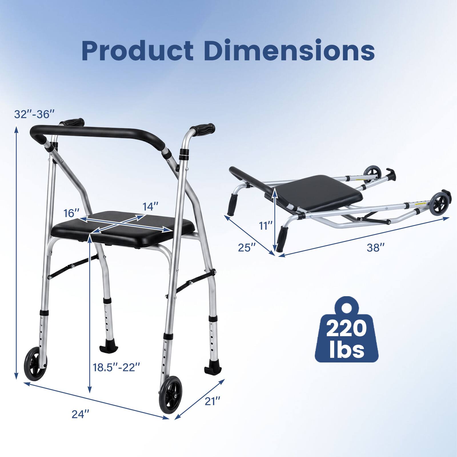 Product Dimensions:  
- 32"-36"  
- 16"  
- 14"  
- 11"  
- 25"  
- 38"  
- 18.5"-22"  
- 24"  
- 21"  
- 220 lbs