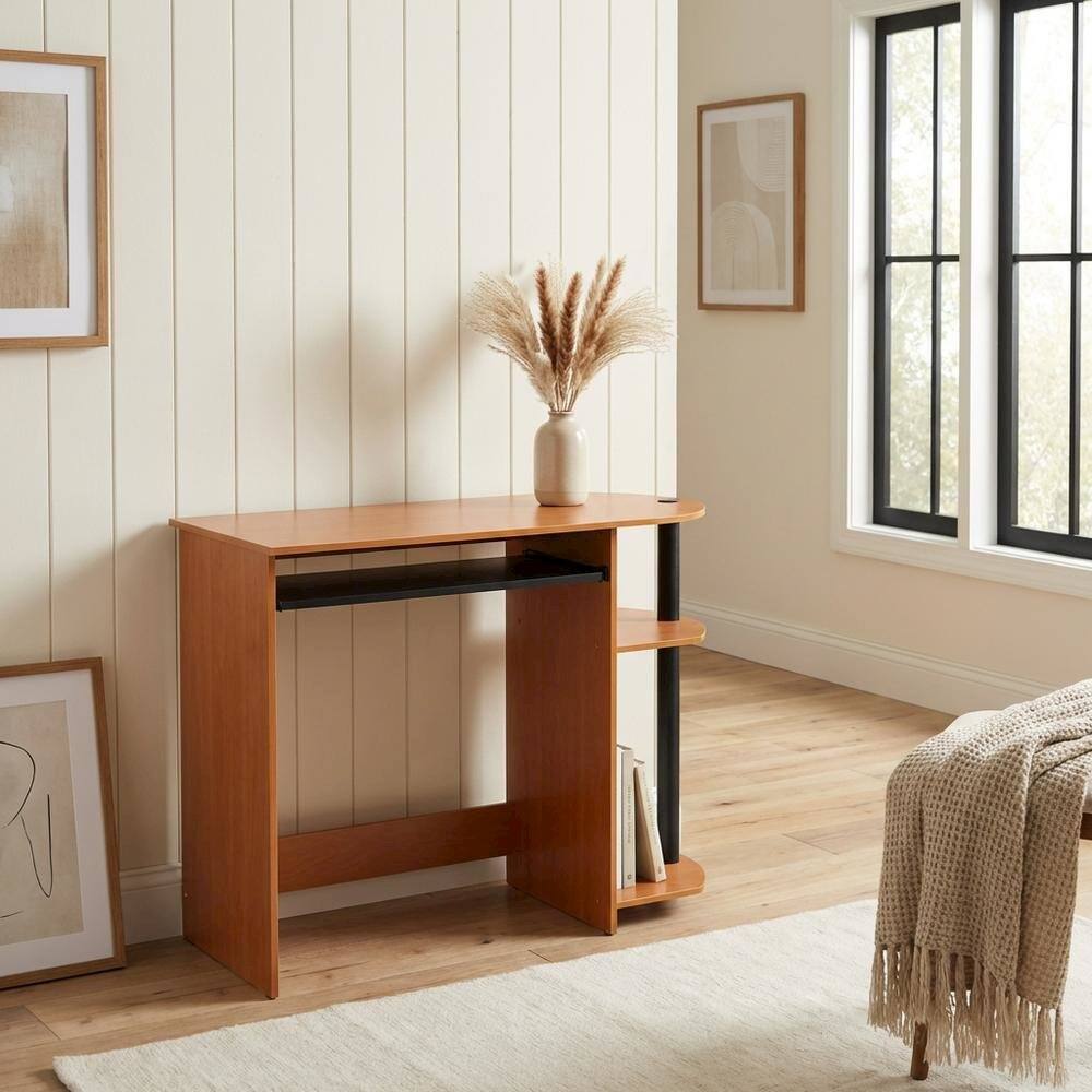 Left. BisonOffice - Light Cherry Computer Desk with Easy Assembly and Compact Design - Light Cherry/Black.