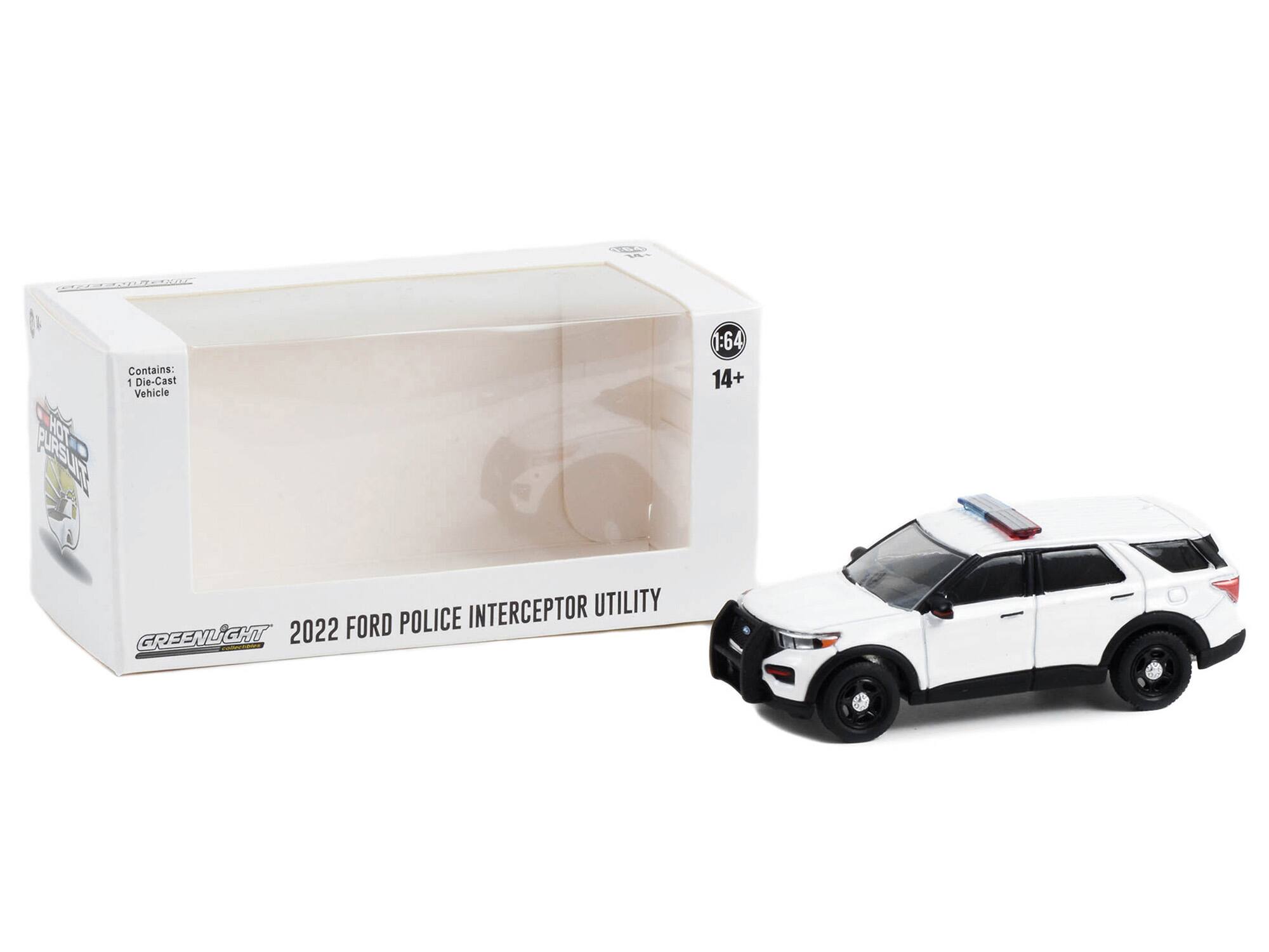 HI Contains: - Die-Cast Vehicle HOT PURSUIT 1:64 14+ + INTERCEPTOR UTILITY LIGHT 2022 FORD POLICE GREENLIGHT