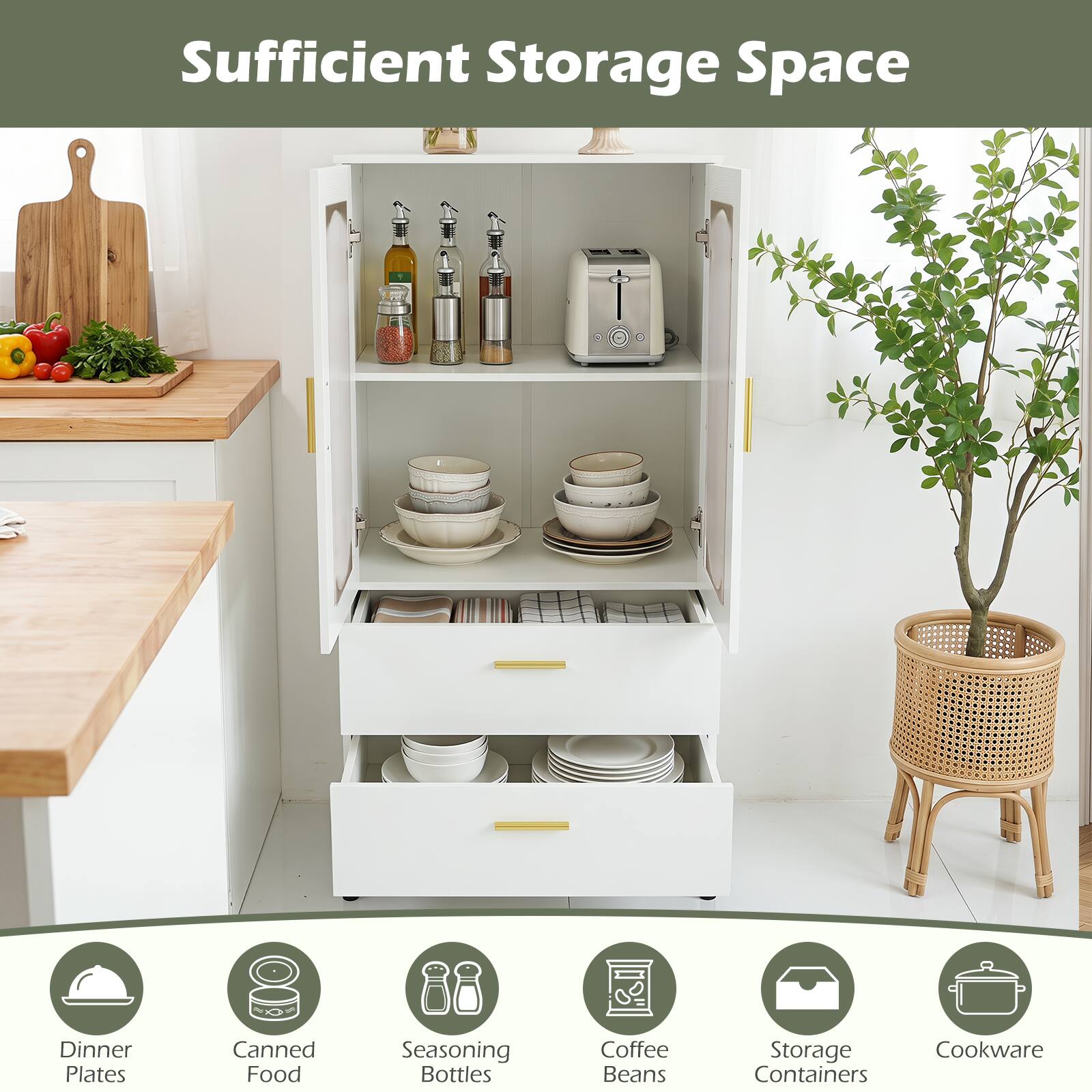 Sufficient Storage Space

- Dinner Plates
- Canned Food
- Seasoning Bottles
- Coffee Beans
- Storage Containers
- Cookware