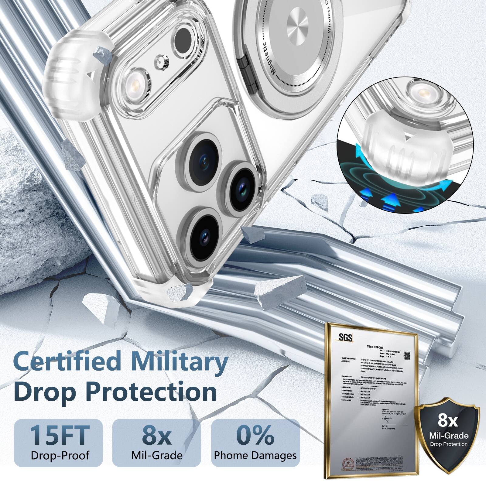 Magnetic Wireless Certified Military Drop Protection 15FT 8x 0% Drop-Proof Mil-Grade Phone Damages SGS FeeT - 8x Mil-Grade Drop Protection