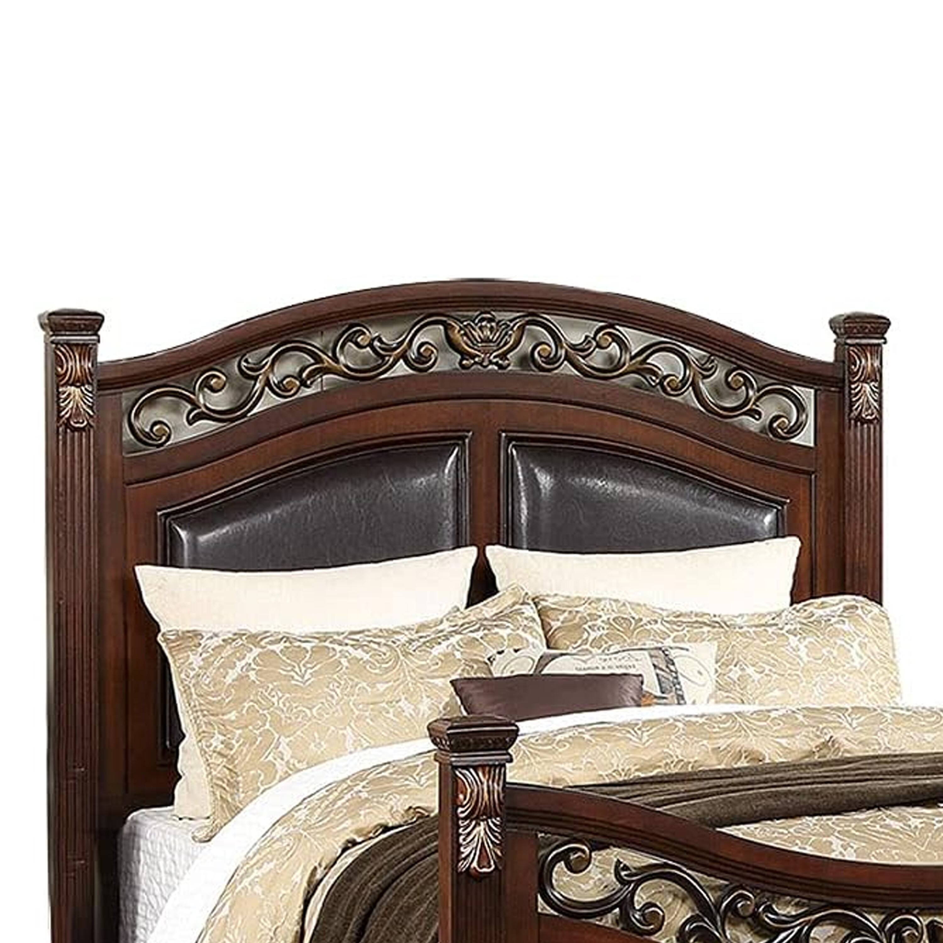 Alt View 2. Manhattan Lane - Meo Queen Size Bed, Padded Carved Dark Brown Faux Leather Upholstered - Brown.