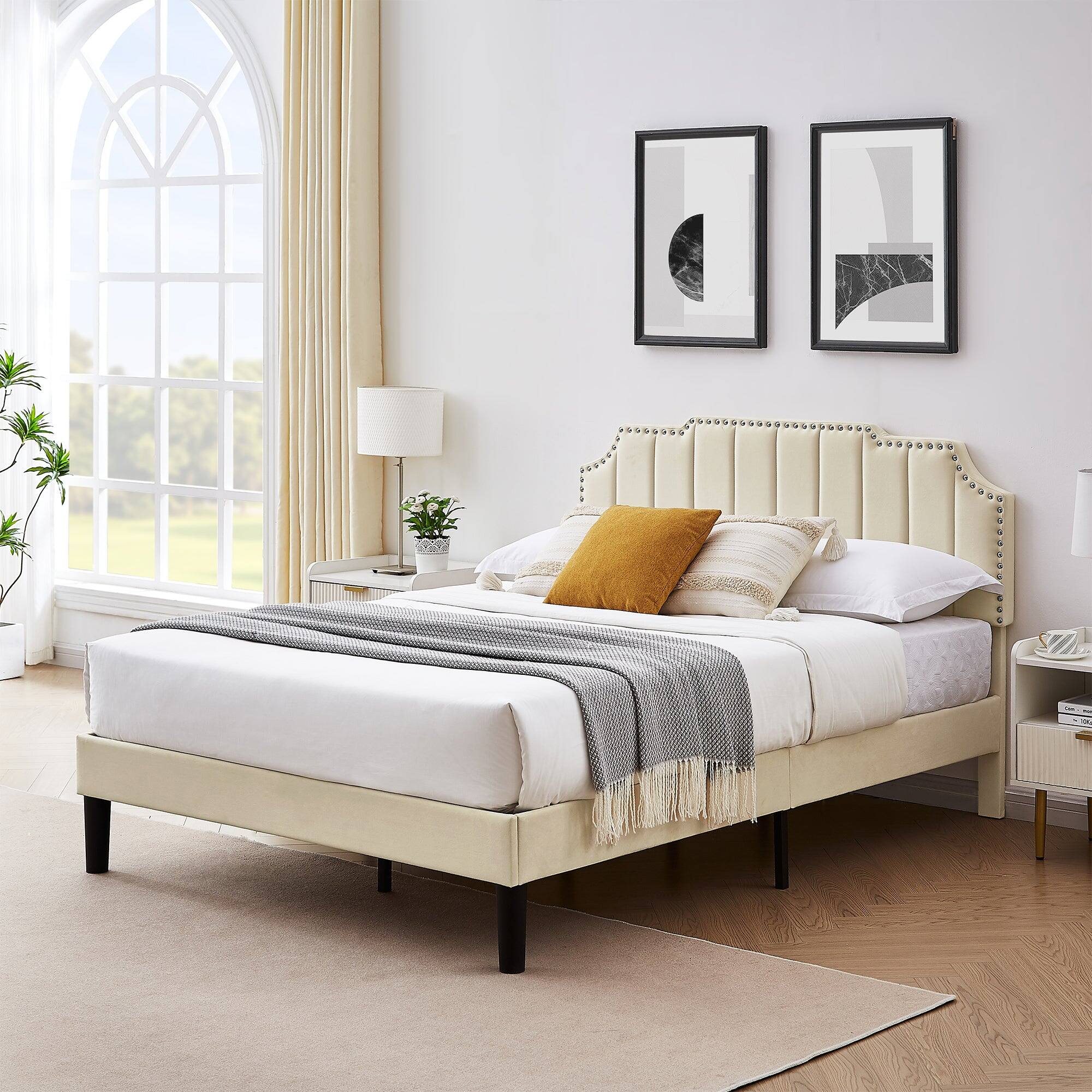 Alt View 2. Vecelo - Full Upholstered Platform Bed Frame with Tufted Adjustable Headboard/Mattress Foundation/Wood Slat Support - Beige.