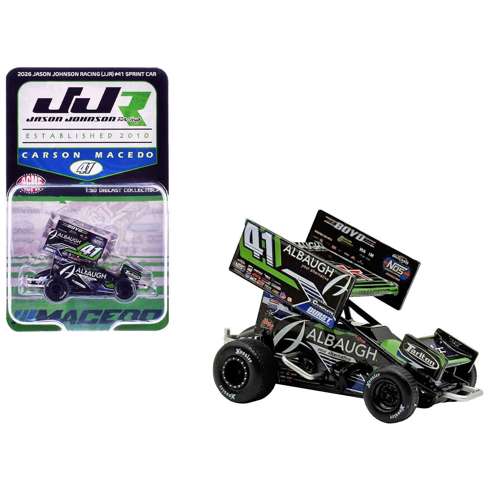 2026 JASON JOHNSON RACING (JJR) #41 SPRINT CAR  
JASON JOHNSON Racing  
ESTABLISHED 2010  
CARSON MACEDO 41  
1:50 DIECAST COLLECTIBLE  
ALBAUGH  
your alternative  
NOS  
Earl's