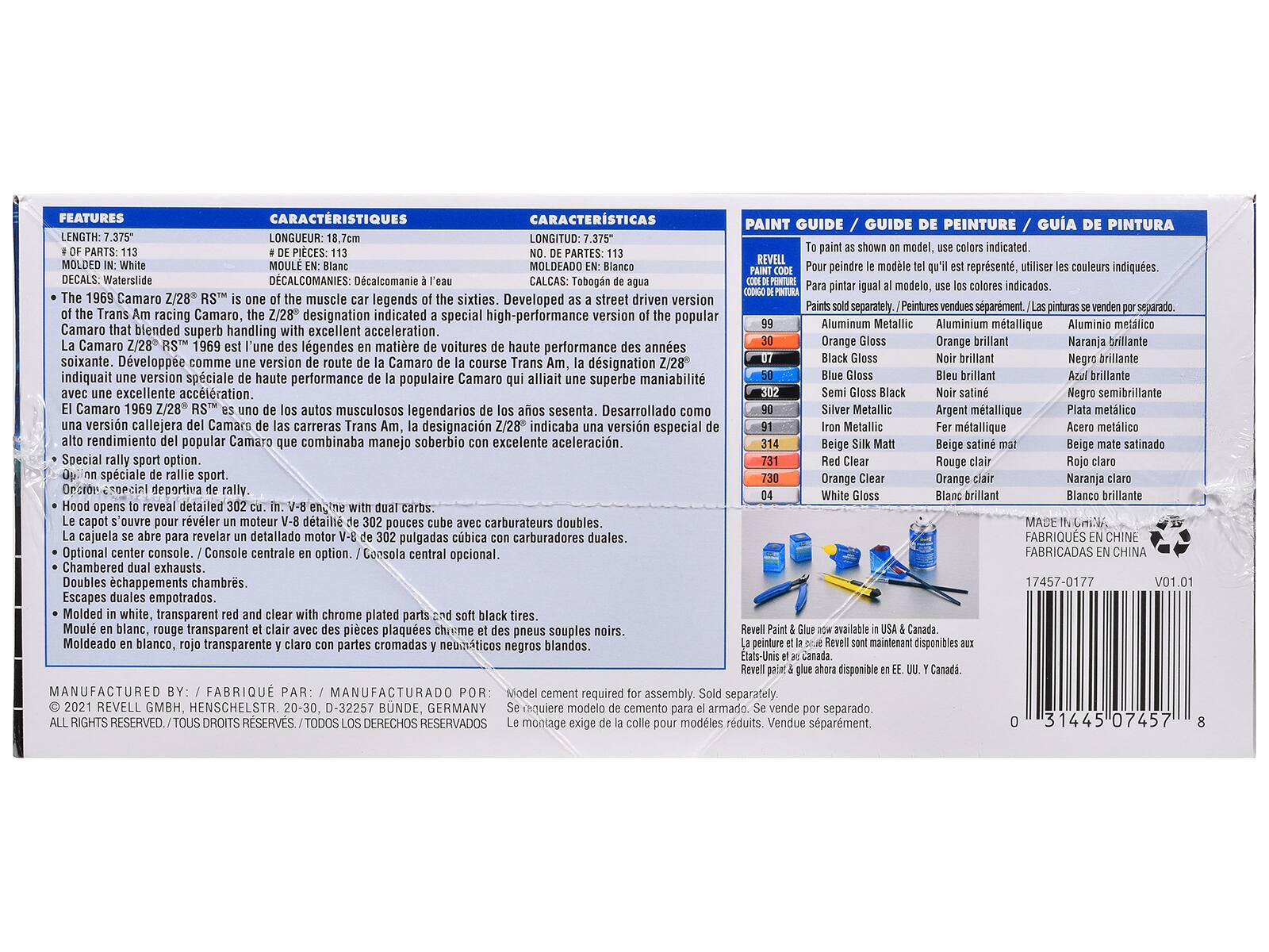 **FEATURES / CARACTRISTIQUES / CARACTERÍSTICAS**

**LENGTH: 7.375" / LONGUEUR: 18.7cm / LONGITUD: 18.7cm**

**# OF PARTS: 113 / # DE PIECES: 113 / # DE PARTES: 113**

**MOLDED IN: White / MOLEADO EN: Blanco / MOLDEADO EN: Blanco**

**DECALS: Waterslide / DECALCOMANIES: Décals / DECALCOMANIES: Décals**

- The 1969 Camaro Z/28 RS™ is one of the muscle car legends of the sixties. Developed as a street driven version of the Trans Am racing Camaro, the Z/28® designation indicated a special high-performance version of the popular Camaro that blended superb handling with excellent acceleration.  
- El Camaro Z/28 RS™ de 1969 es uno de los legendarios autos musculosos de los años sesenta. Desarrollado como una versión de calle del Camaro de las carreras Trans Am, la designación Z