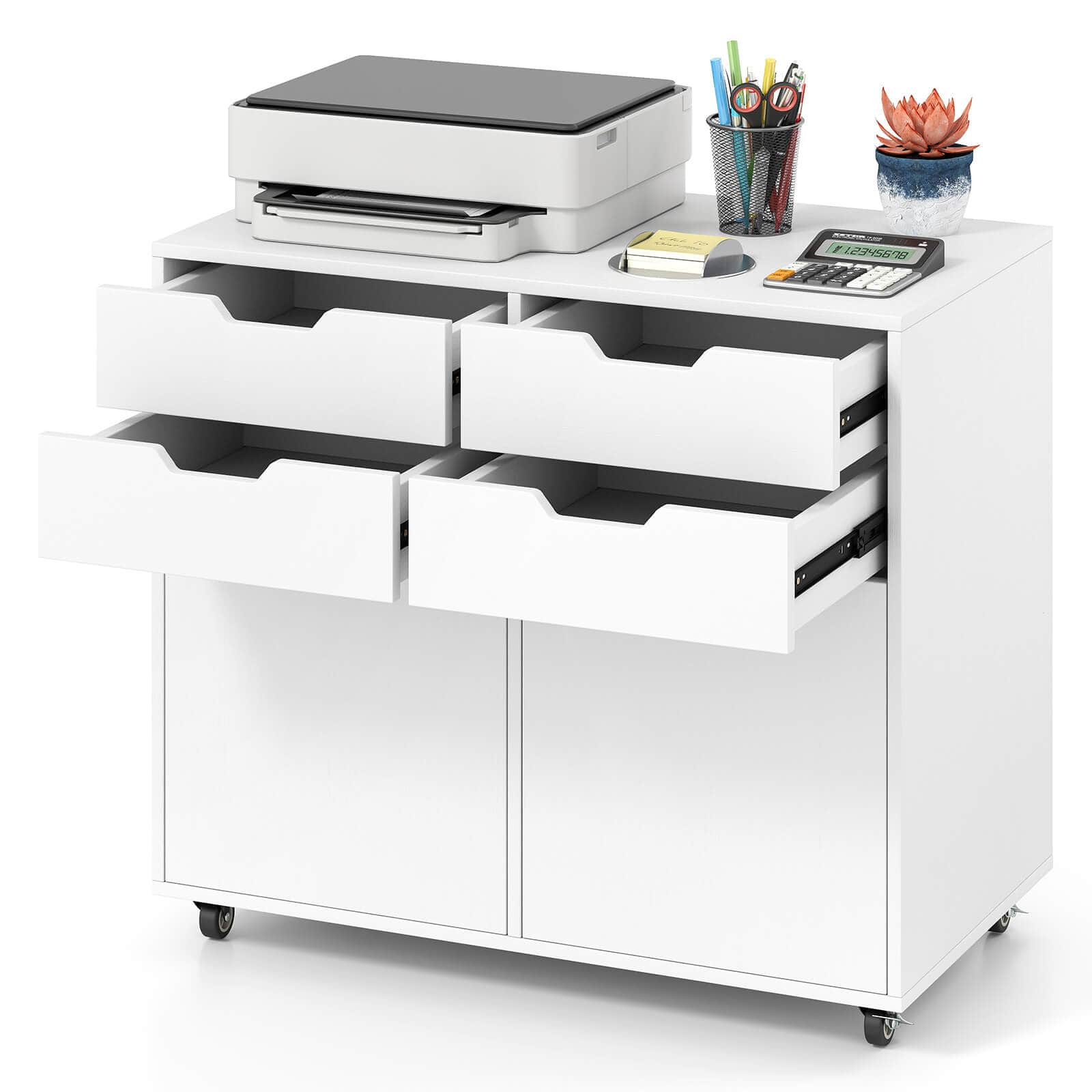 Costway - 4 Drawer File Cabinet Rolling Printer Stand with Wheels Wooden Chest of Drawers - White