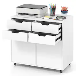 Costway - 4 Drawer File Cabinet Rolling Printer Stand with Wheels Wooden Chest of Drawers - White