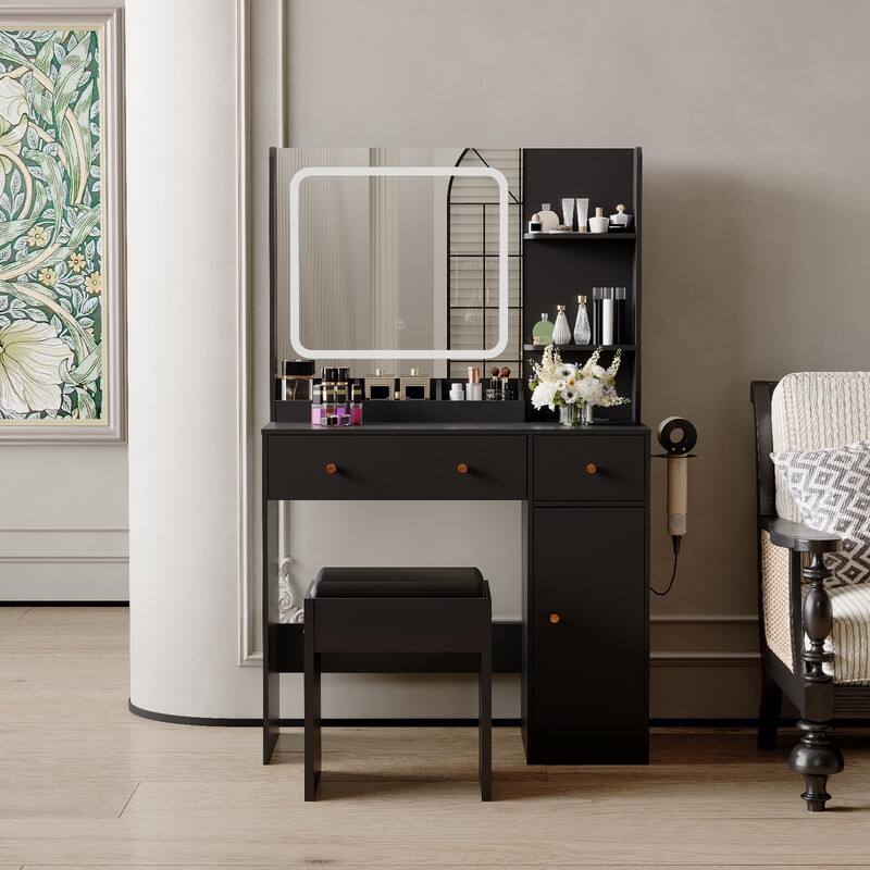 Back. GARVEE - Vanity Table with Lights and Mirror, Power Strip, USB Charging, Drawers, Hair Dryer Holder, Shelves, Stool, Black - Black.