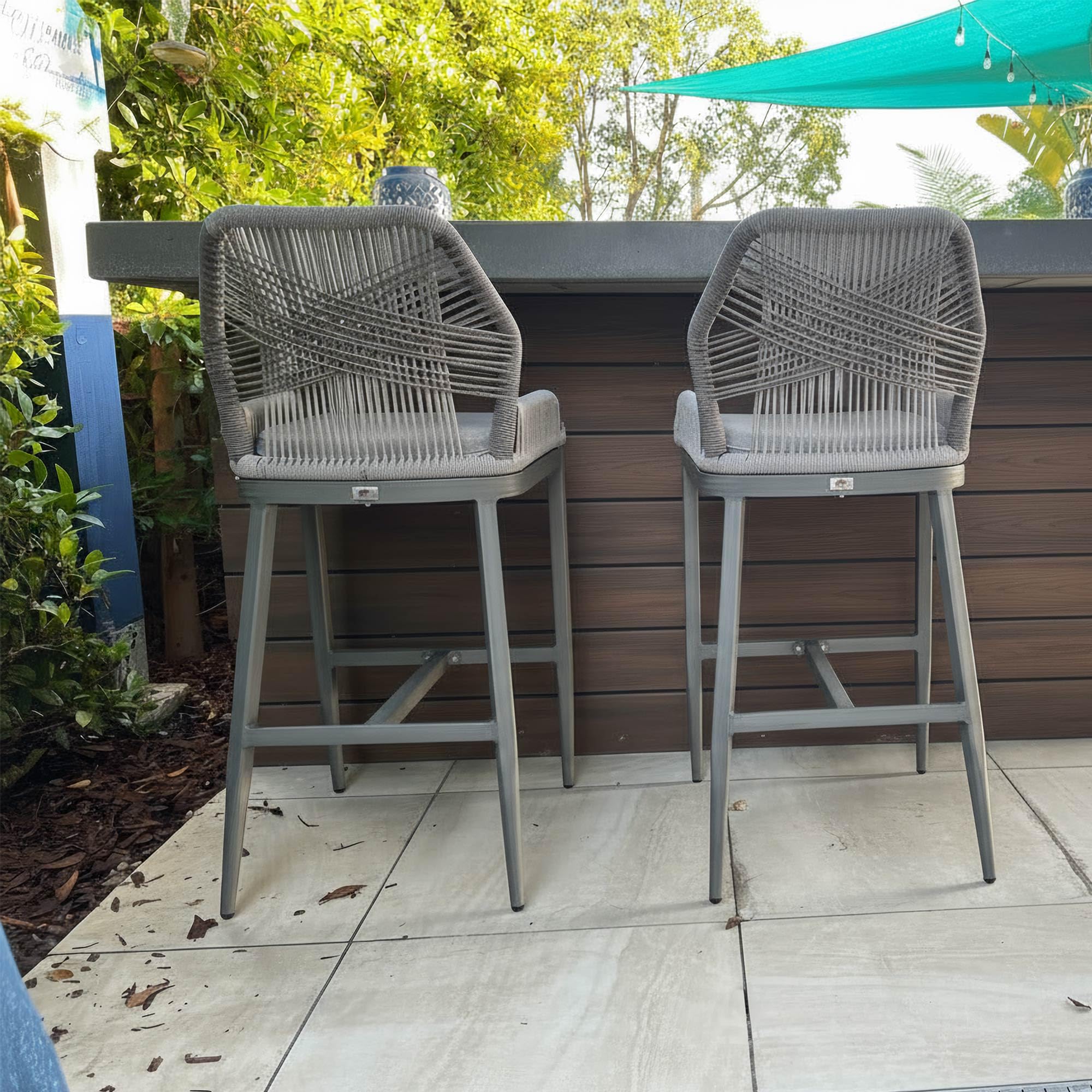 Alt View 1. PURPLE LEAF - Outdoor Bar/Counter Height Stool Set of 2 Wicker Rattan Bar stools with Back Aluminum Outside Garden Patio Bar Chairs - Twill-Light Grey-Bar Height.
