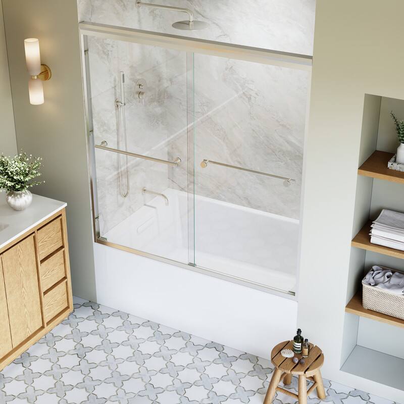 Back. WELLFOR - 56-60 in. W x 60 in. H Framed Sliding Shower Door with 1/4 in. Clear Tempered Safety Glass,Reversible - Brushed Nickel.
