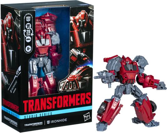 The text on the image is:
"TRANSFORMERS
STUDIO SERIES
IRONHIDE"
The toy is Ironhide from the Transformers Studio Series.