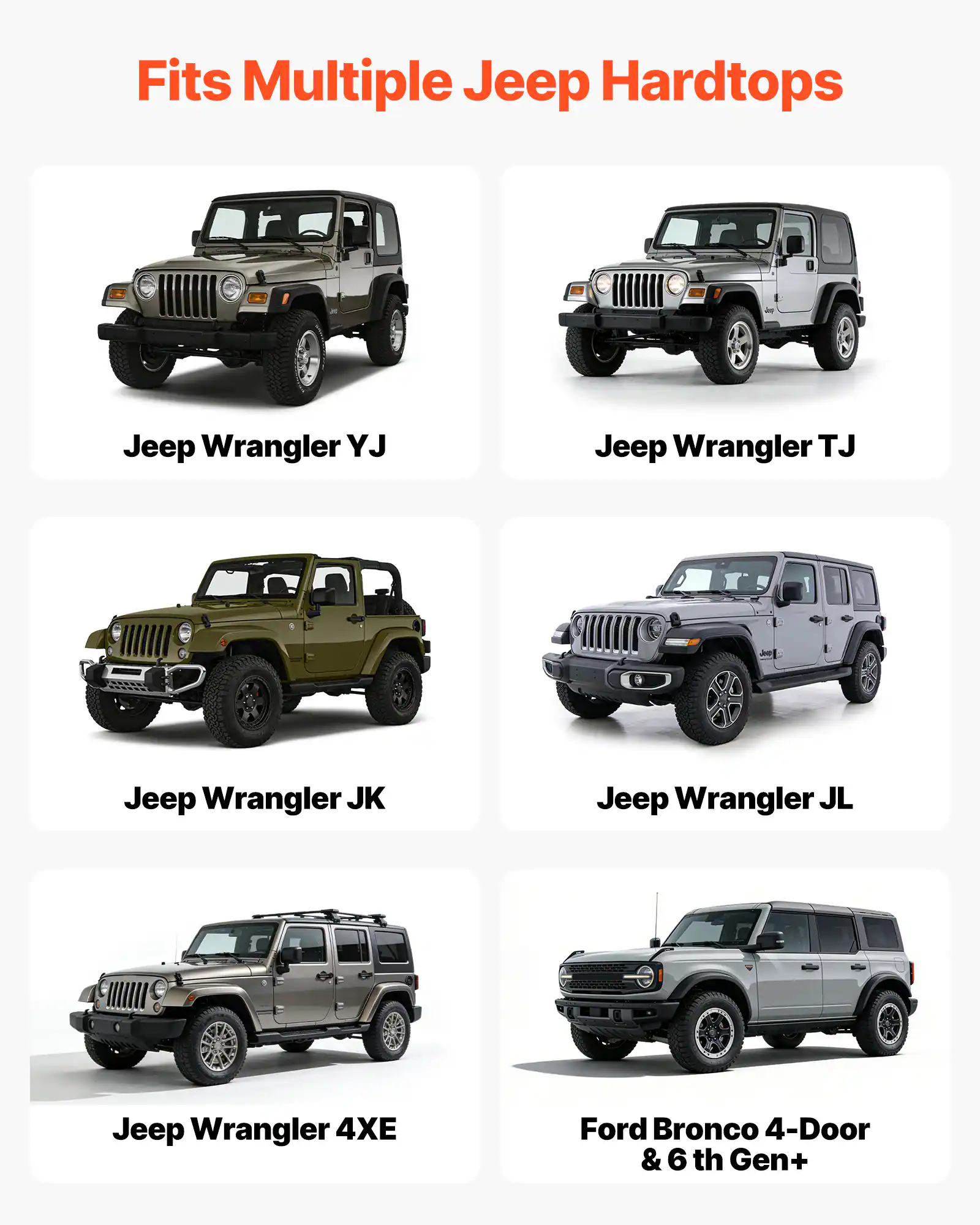 Fits Multiple Jeep Hardtops  
Jeep Wrangler YJ  
Jeep Wrangler TJ  
Jeep Wrangler JK  
Jeep Wrangler JL  
Jeep Wrangler 4XE  
Ford Bronco 4-Door & 6th Gen+