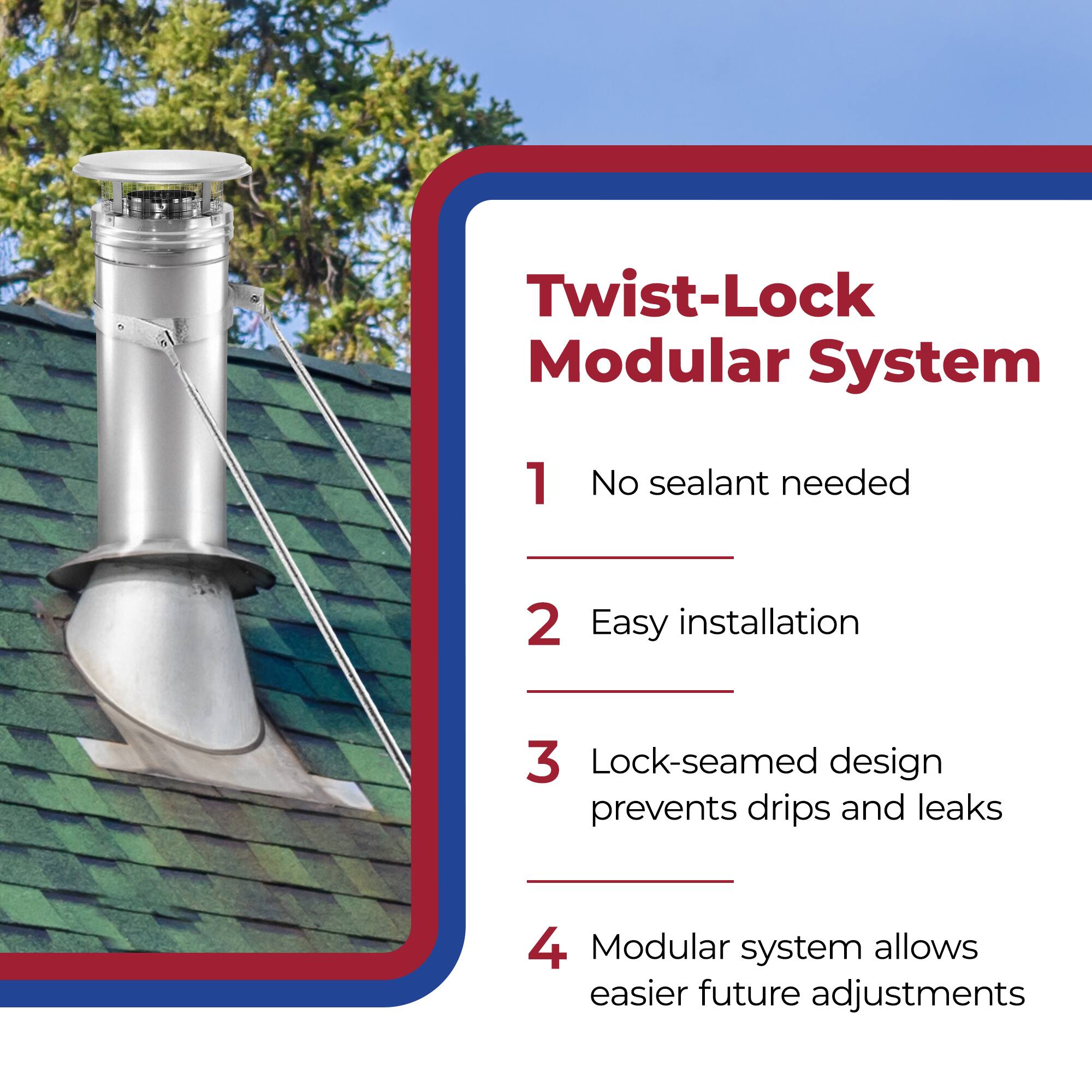 Twist-Lock Modular System

1. No sealant needed
2. Easy installation
3. Lock-seamed design prevents drips and leaks
4. Modular system allows easier future adjustments