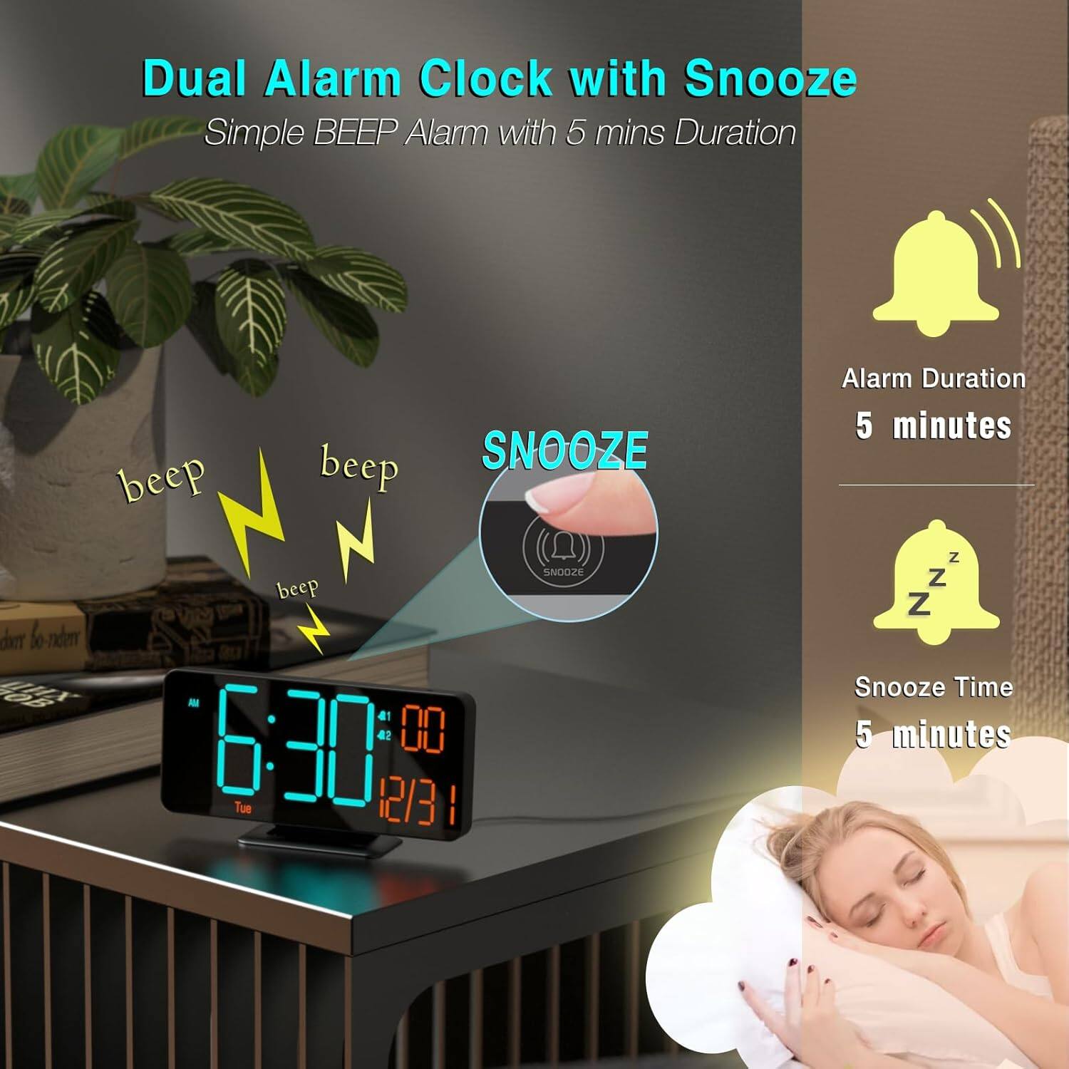 Dual Alarm Clock with Snooze  
Simple BEEP Alarm with 5 mins Duration  

Alarm Duration: 5 minutes  
Snooze Time: 5 minutes  

6:30:00  
Tue 12/31