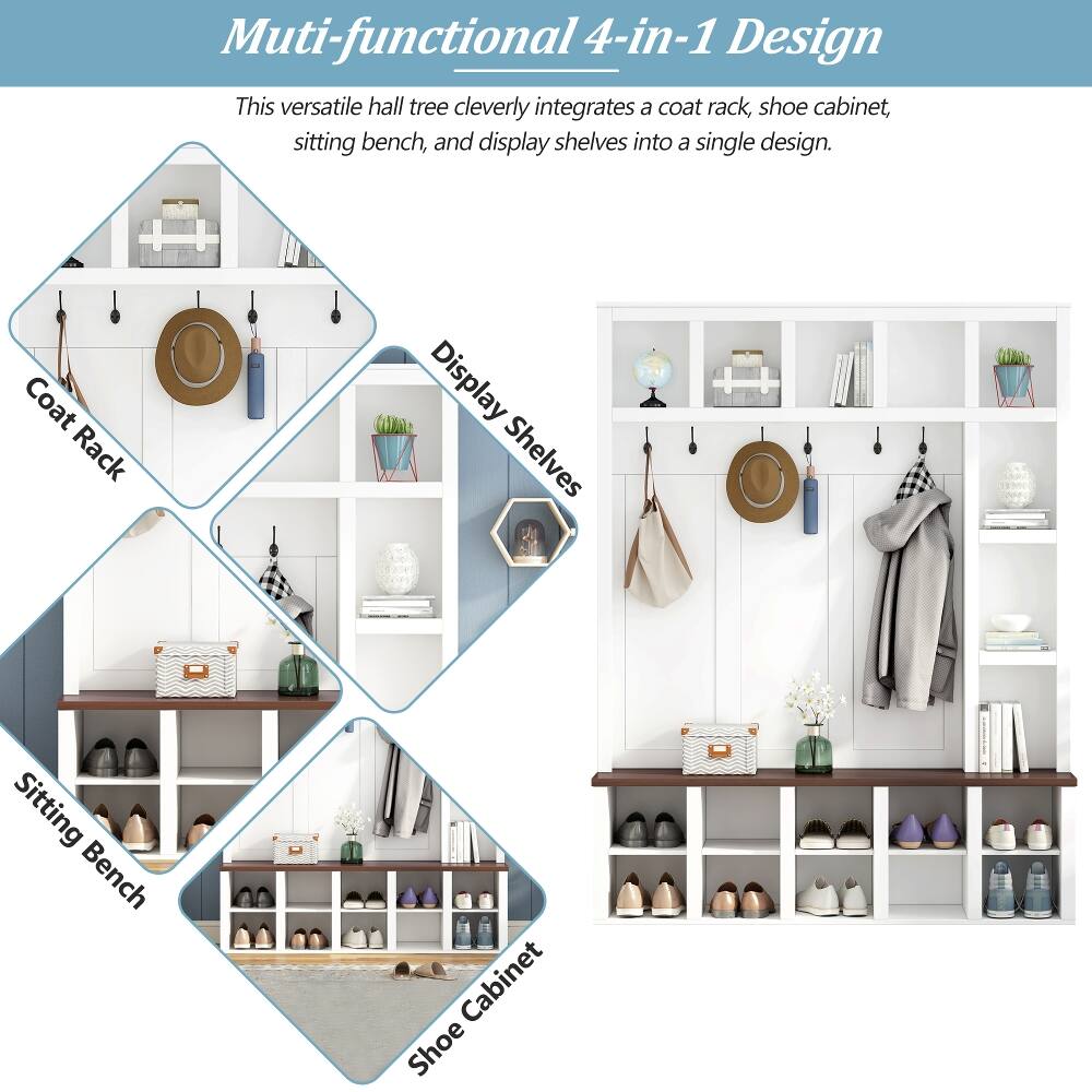 Multi-functional 4-in-1 Design  
This versatile hall tree cleverly integrates a coat rack, shoe cabinet, sitting bench, and display shelves into a single design.  

Coat Rack  
Display Shelves  
Sitting Bench  
Shoe Cabinet