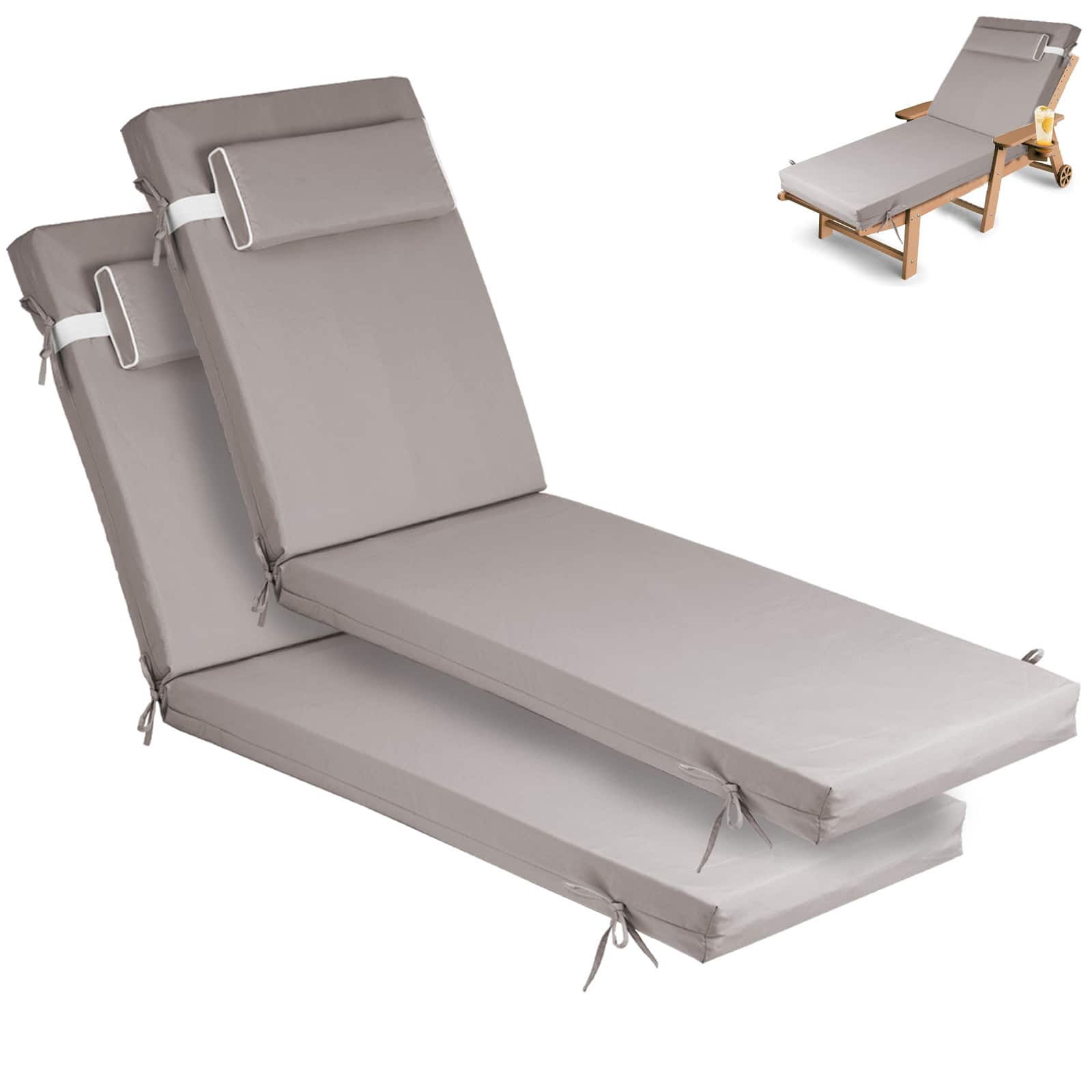 Chateau Abodes - 2PCS Outdoor Chaise Lounge Cushion, Waterproof Patio Chaise Lounge Cushion with Ties, 72" L X 21" W X 3" D - Khaki