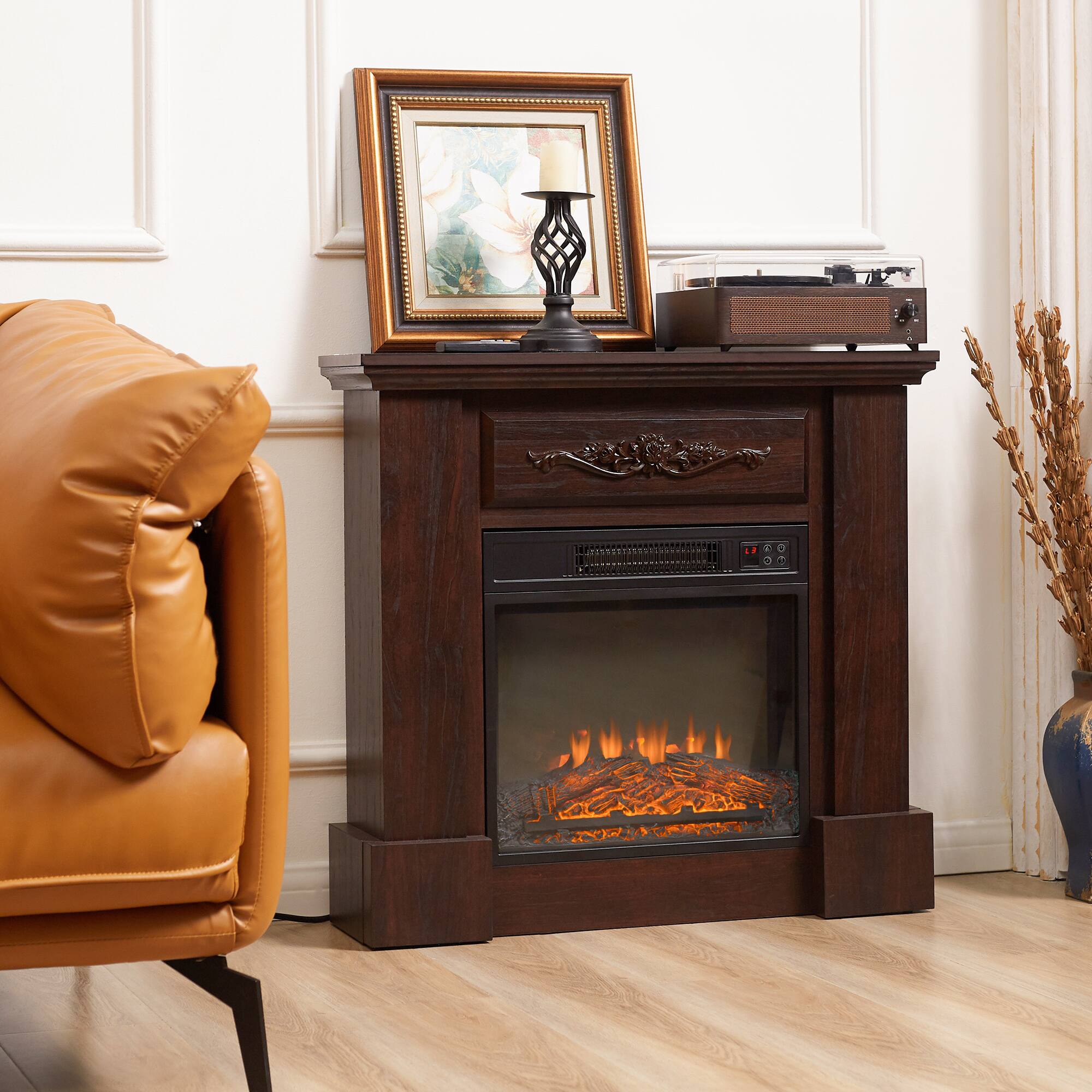 Alt View 1. Ecooso - 32 inch Freestanding Electric Fireplace with Mantel, Heater with LED Log Flame and Remote - Brown.