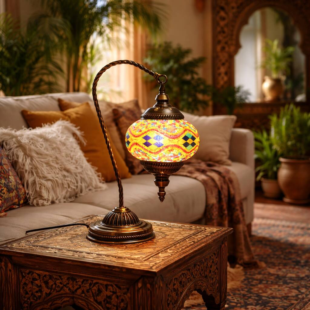 FC Design - 15"H Bronze Swan Base Kilim Orange–Blue Mosaic Turkish Lamp