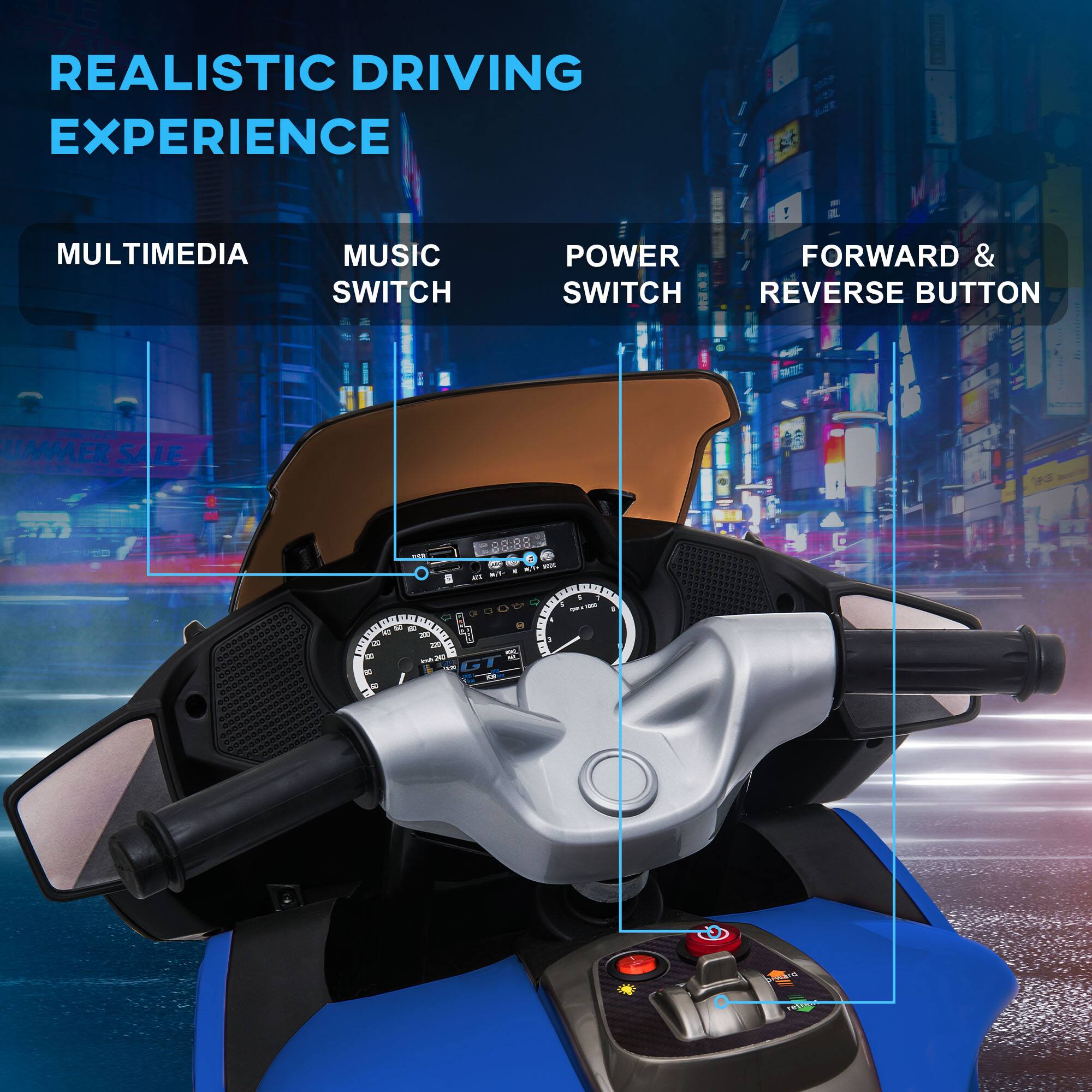 REALISTIC DRIVING EXPERIENCE

MULTIMEDIA
MUSIC SWITCH
POWER SWITCH
FORWARD & REVERSE BUTTON

SUMMER SALE
88.88