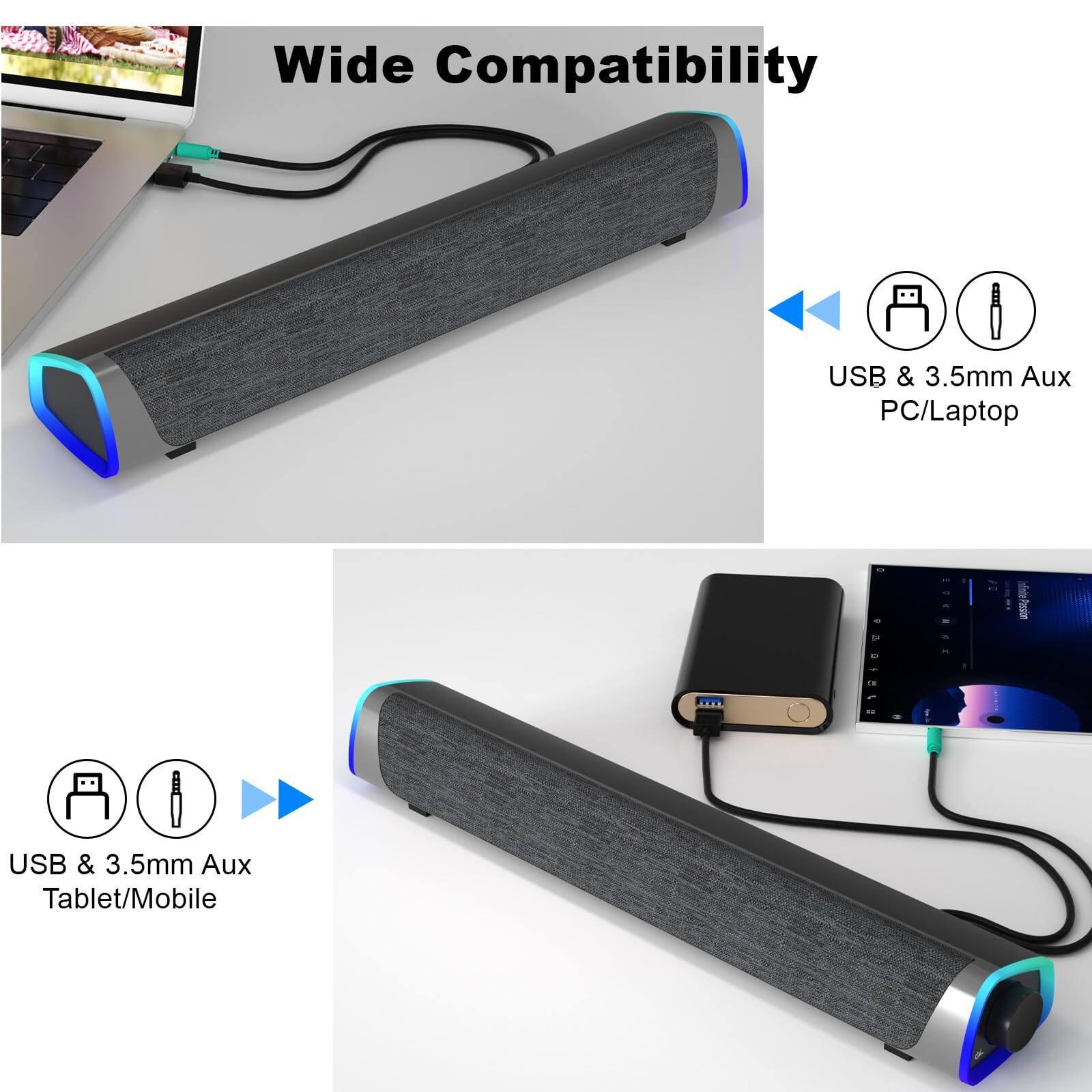 Wide Compatibility

USB & 3.5mm Aux PC/Laptop

USB & 3.5mm Aux Tablet/Mobile