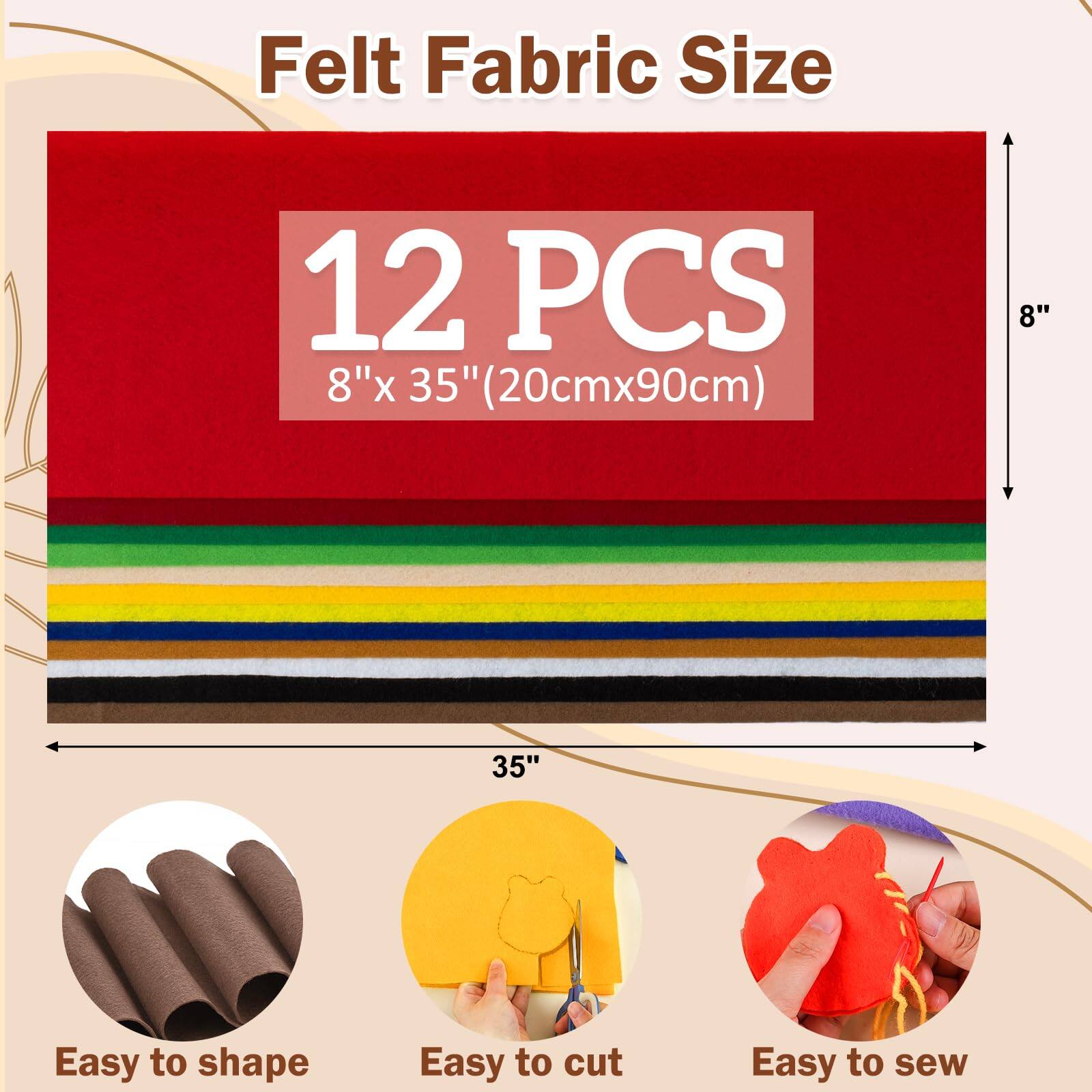 Felt Fabric Size  
12 PCS  
8" x 35" (20cm x 90cm)  

Easy to shape  
Easy to cut  
Easy to sew