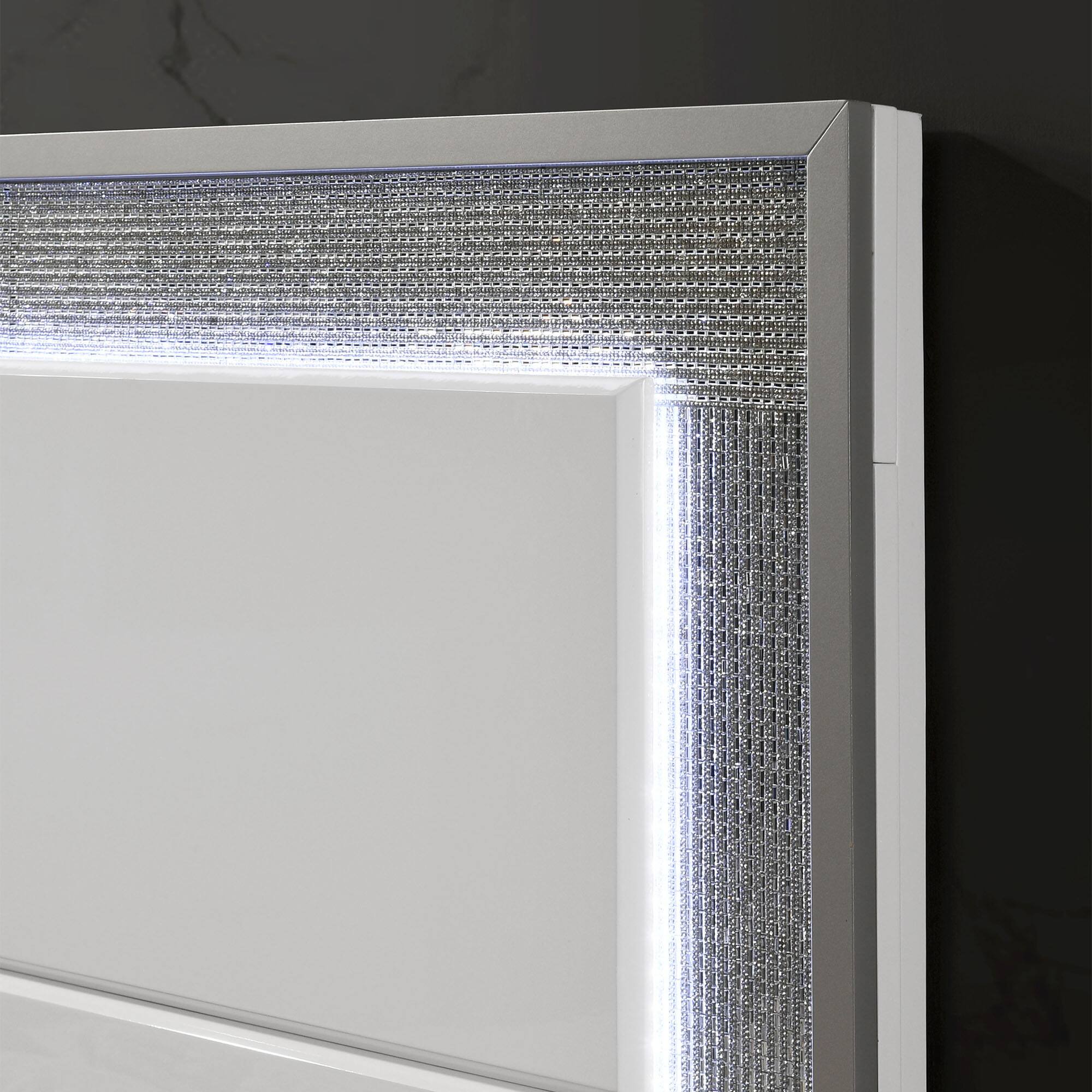 Alt View 2. Vaczon - LED Queen Bed Frame with Rhinestone Trim, High-Gloss White Finish, Stylish Chrome Accents, and Beveled Mirror Headboard - White.