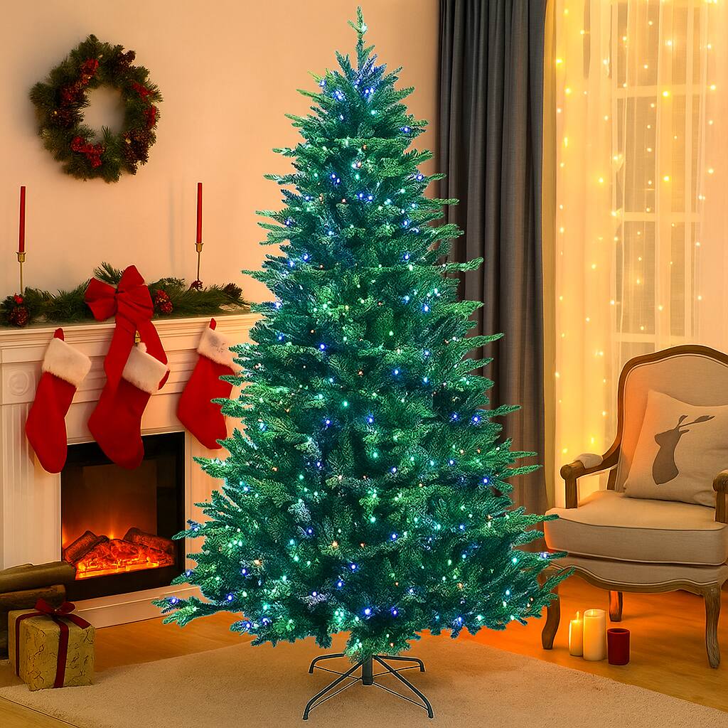 Front. BreeBe - Pre-Lit Artificial Christmas Tree with App-Controlled LED Lights - Green.