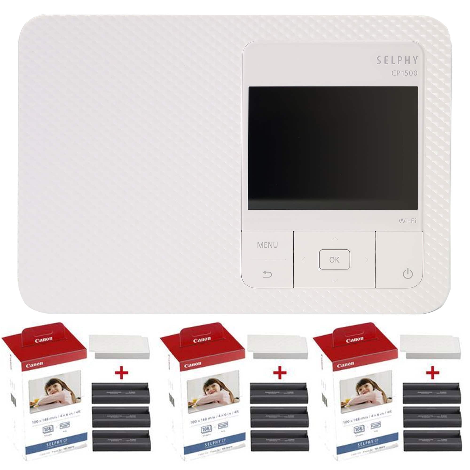 Bundle: Canon SELPHY CP1500 Compact Photo Printer 3x KP-108IN Paper Set - White