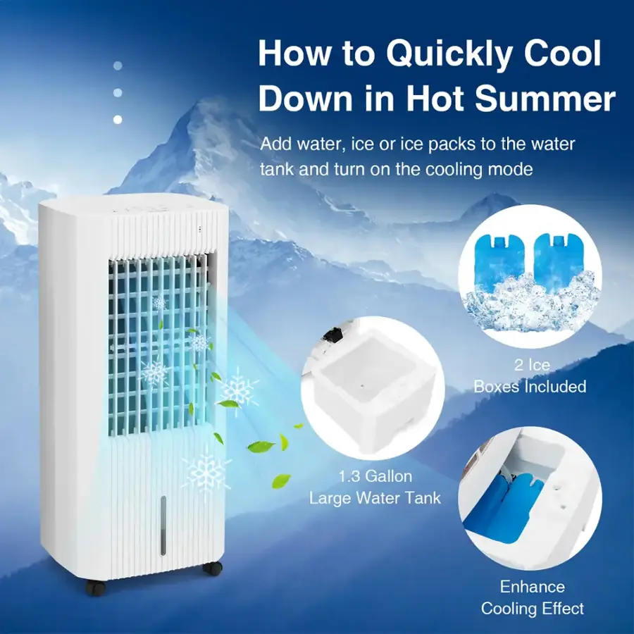 How to Quickly Cool Down in Hot Summer: Add water, ice or ice packs to the water tank and turn on the cooling mode. 2 Ice Boxes Included. 1.3 Gallon Large Water Tank. Enhance Cooling Effect.
