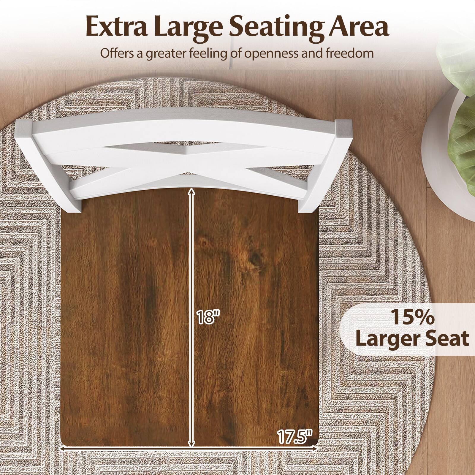 Extra Large Seating Area  
Offers a greater feeling of openness and freedom  

18"  
15% Larger Seat  
17.5"