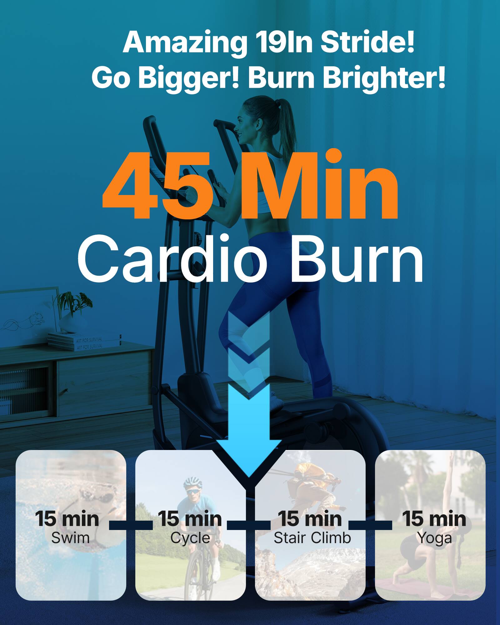Amazing 19In Stride!  
Go Bigger! Burn Brighter!  

45 Min Cardio Burn  

15 min Swim  
15 min Cycle  
15 min Stair Climb  
15 min Yoga