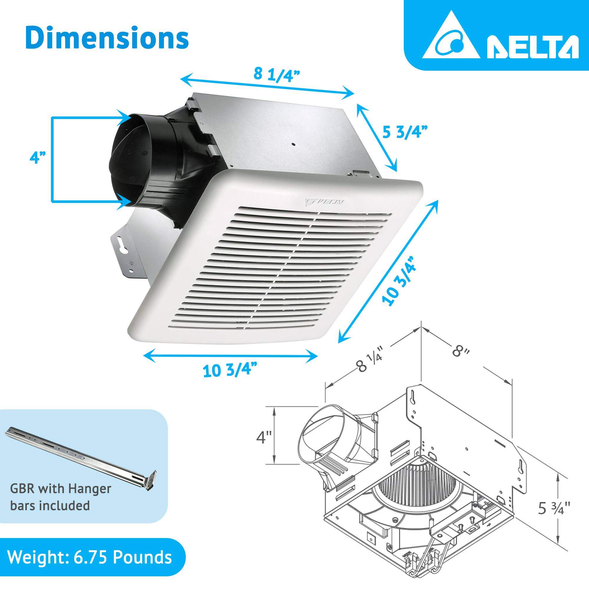 Dimensions:
- 8 1/4" (width)
- 5 3/4" (height)
- 10 3/4" (length)
- 4" (diameter of the duct)
- 8" (depth of the unit)
- 5 3/4" (depth of the unit from the side)

GBR with Hanger bars included

Weight: 6.75 Pounds