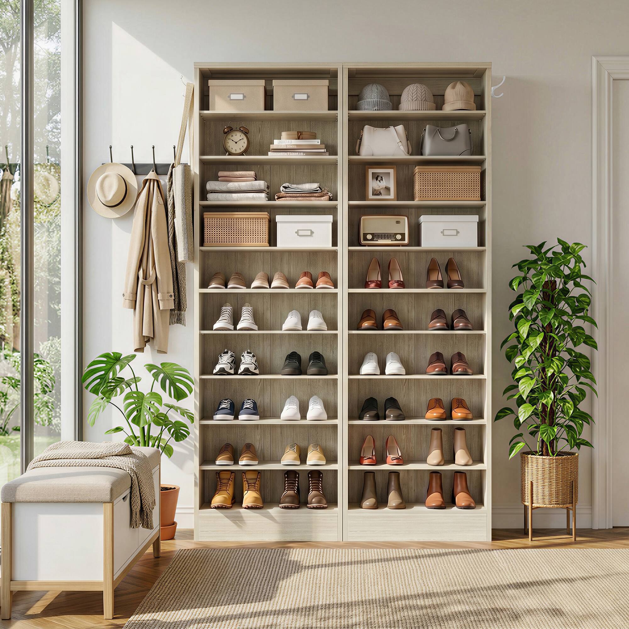 Alt View 2. Aheaplus - 79.5'' Tall 10-Tier Freestanding Wooden Shoe Rack Tower with 2 Hooks, 2 Packs - Beige Oak.