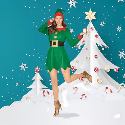 Front. Northlight - Red and Green Woman's Elf Christmas Costume - Large - Red.