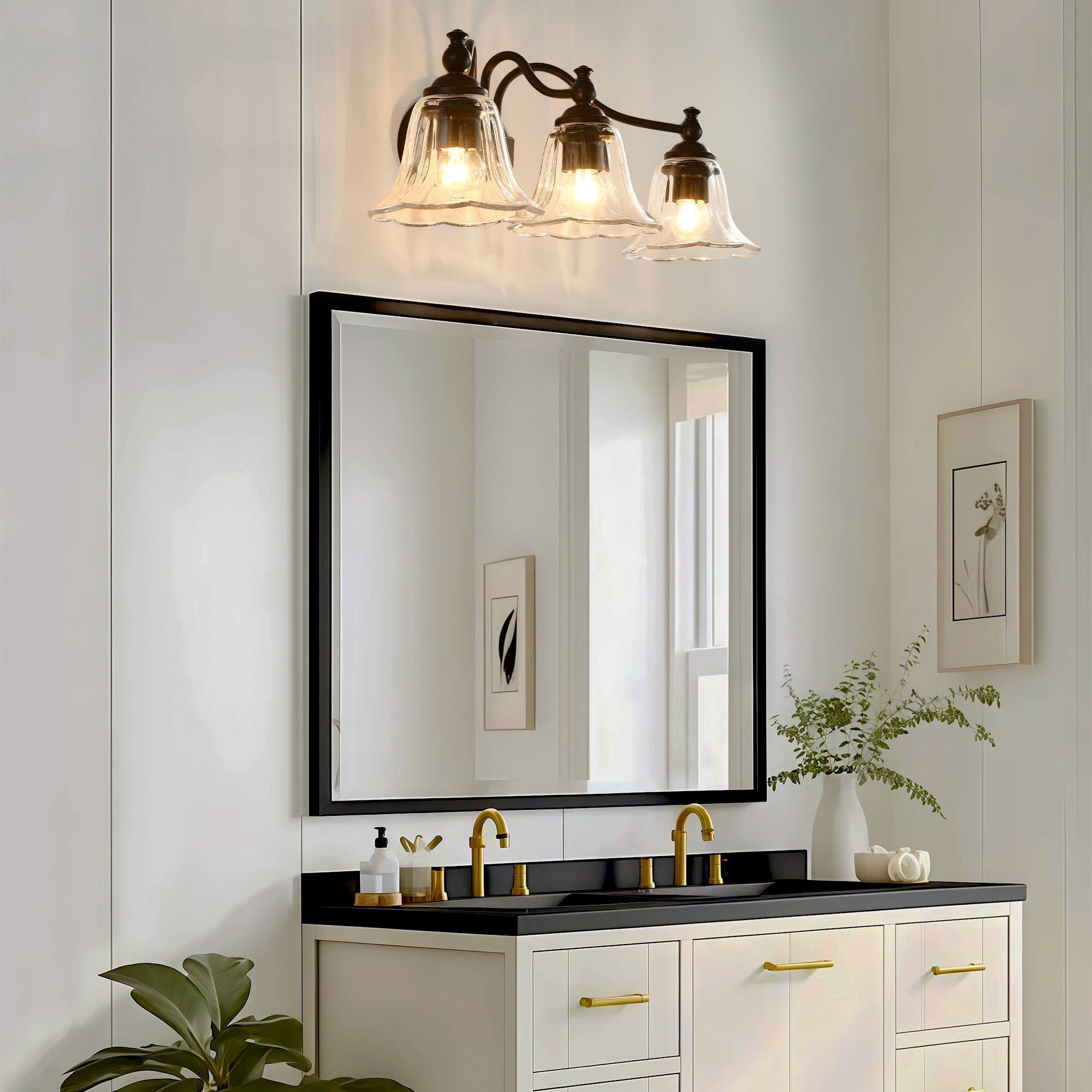 Alt View 2. RYHNUYNE - 3-Light Bathroom Vanity Light Fixture,Vanity Light with Crystal Glass Shade,Farmhouse Wall Mount Lighting Over Mirror - Black.