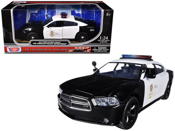 VI - 8+ a POLICE
2011 DODGE CHARGER PURSUIT LOS ANGELES POLICE DEPARTMENT
1:24 DIE-CAST METAL & PLASTIC
MOTOR MAX
LAW ENFORCEMENT AND PUBLIC SERVICE
WARNING: CHOKING HAZARD Small parts. Not for children under 3 years.