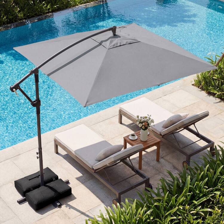 Back. Mondawe - 8x8 FT Offset Cantilever Square Patio Umbrella 360 Rotation with Base - Gray.