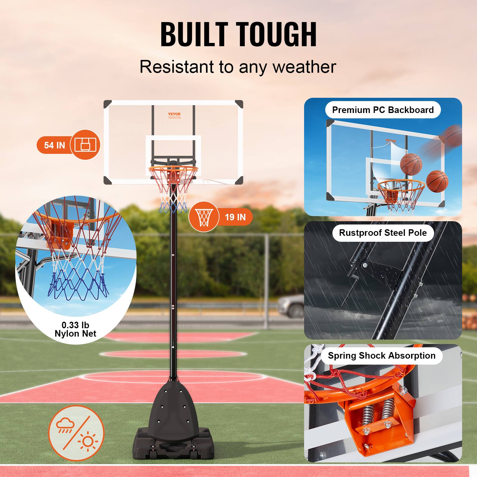 BUILT TOUGH, Resistant to any weather, VEVOR, Premium PC Backboard, 54 IN W, 19 IN, Rustproof Steel Pole, 0.33 lb Nylon Net, Spring Shock Absorption