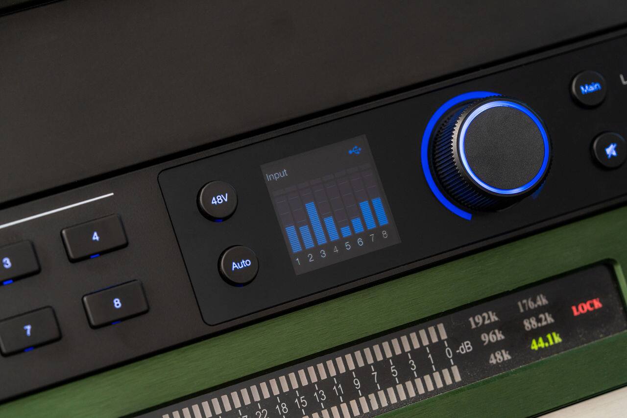 The text on the image reads:

Main L 3 7 4 8 Input 48V Auto 12345678 2 I I 3 I 5 I 7 I I 9 I I 11 I I 13 I I 15 I I I 22 18 I - . - I 1 I 176.4k LOCK 192k 88.2k 44.1k 0 -dB 48k

The text has been grouped and corrected as follows:

Main L 3 7 4 8 Input 48V Auto 12345678 2 I I 3 I 5 I 7 I I 9 I I 11 I I 13 I I 15 I I I 22 18 I - . - I 1 I 176.4k LOCK 192k 88.2k 44.1k 0 -dB 48k