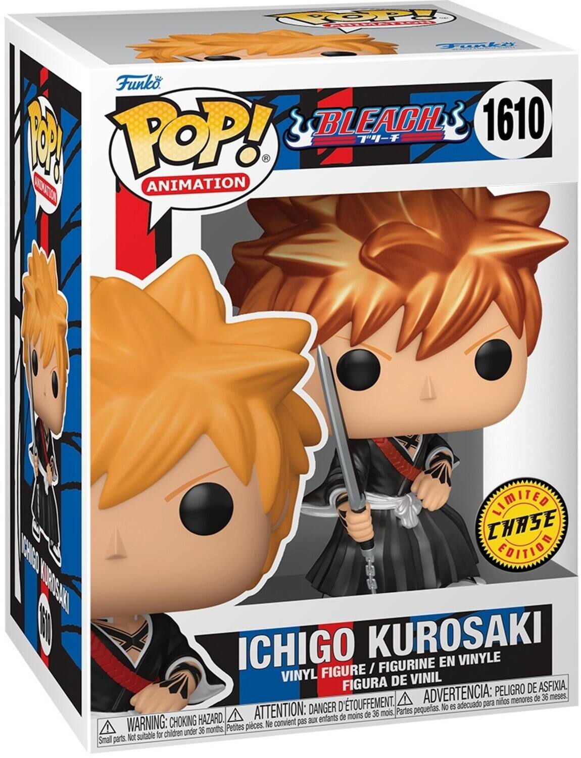 Funko, Bleach, 1610, Pop! Animation, Limited Chase Edition, Ichigo Kurosaki, Vinyl Figure, Vinyl Figure, Vinyl Figure, Choking Hazard, Warning: Choking Hazard, Not suitable for children under 36 months, Small parts, Danger, Peligro de asfixia, Advertencia: peligro de asfixia, Peligro de asfixia, Danger d'étouffement, Attention: danger d'étouffement, Partes pequeñas, No es adecuado para niños menores de 36 meses, Petites pièces, Ne convient pas aux enfants de moins de 36 mois.