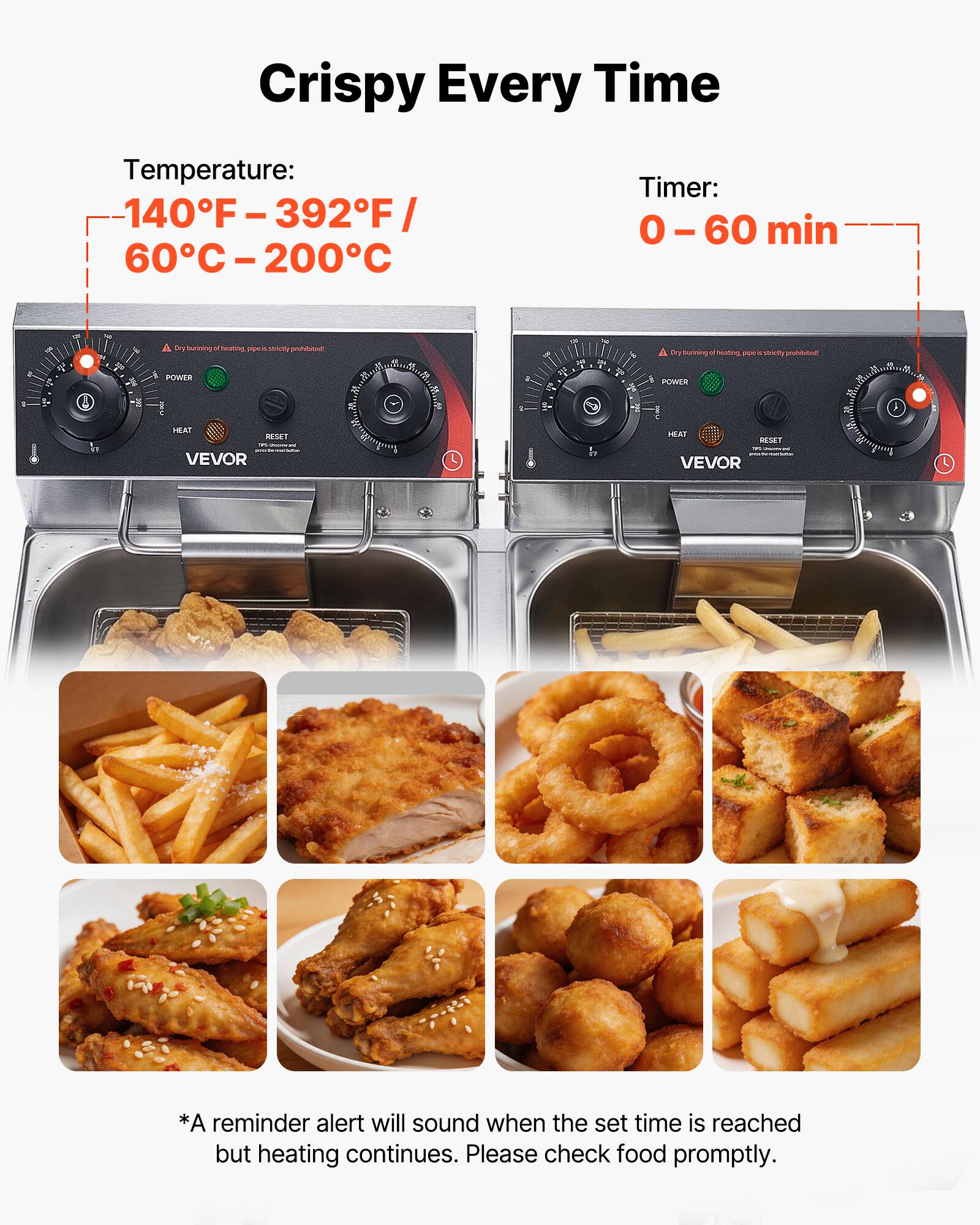 Crispy Every Time

Temperature: 140°F - 392°F / 60°C - 200°C

Timer: 0 - 60 min

Dry burning of heating pipe is strictly prohibited! POWER

HEAT RESET - VEVOR

*A reminder alert will sound when the set time is reached but heating continues. Please check food promptly.