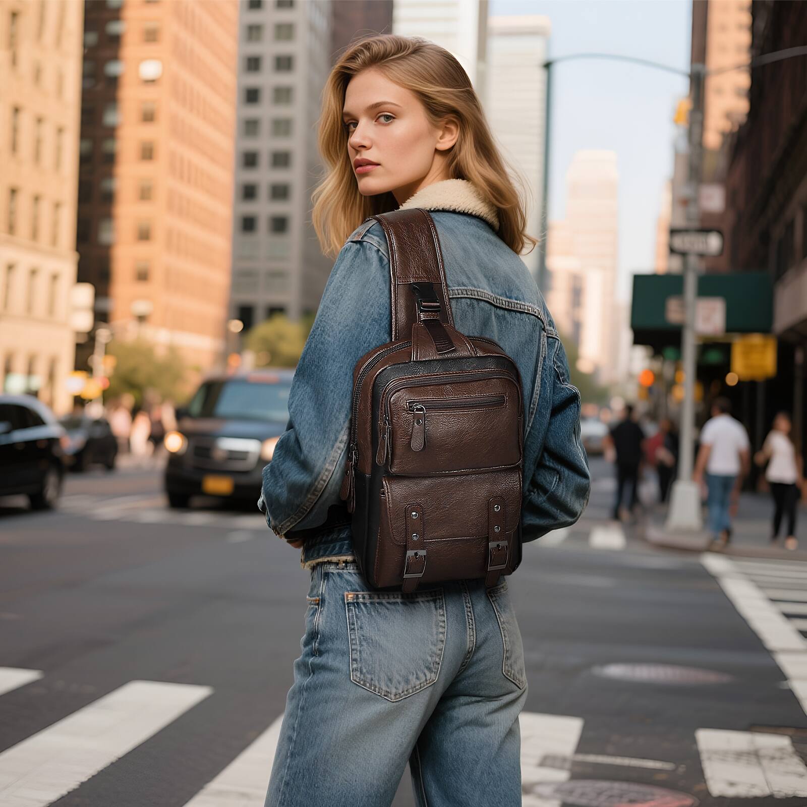 Alt View 5. Unique Bargains - Vintage PU Leather Sling Backpack Crossbody Shoulder Bag with Adjustable Strap Multi-Pocket Compact Travel Chest Bag - Dark Brown.