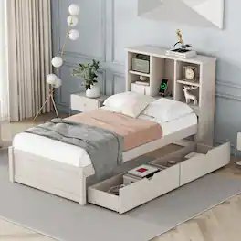 GOODSILO - Contemporary Twin Size Bed Frame with USB Charging Port, Bookcase Headboard, and Underbed Storage Drawers - White Washed