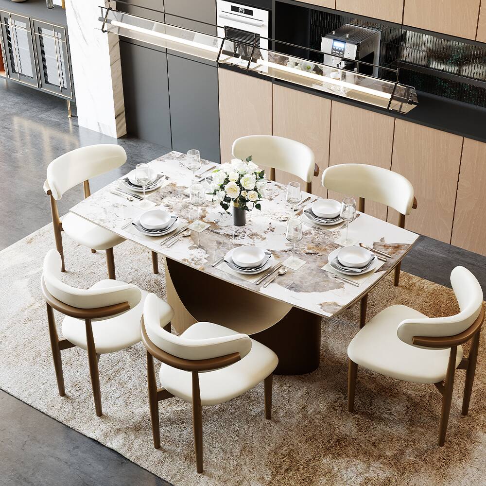 Alt View 7. POVISON - 71"-95"Extendable Modern Gold Dining Table for 6-10, Rectangular Glossy Sintered Stone Tabletop, Bronze Carbon Steel Leg - Pandora Sintered Stone with Bronze.